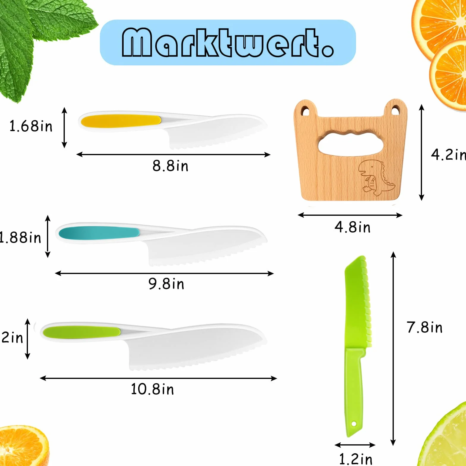 Goodchef Set di 5 coltelli da cucina per bambini per tagliare e cucinare frutta o verdura per bambini piccoli, con coltello in legno a prova di bambino a partire dai 2 anni (dinosauro dagli occhi