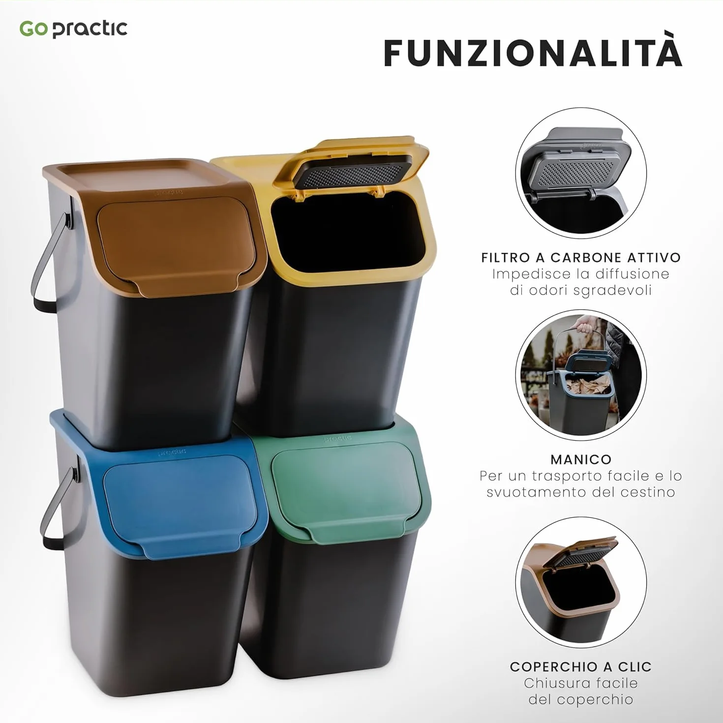 Pattumiera da Cucina, Raccolta Differenziata Cucina, Set da 4 pezzi: 3x 25L + 1x 4,5L, Secchiello Domestico,Cestino Per Rifiuti, Secchio per Immondizia, Casa Contenitori