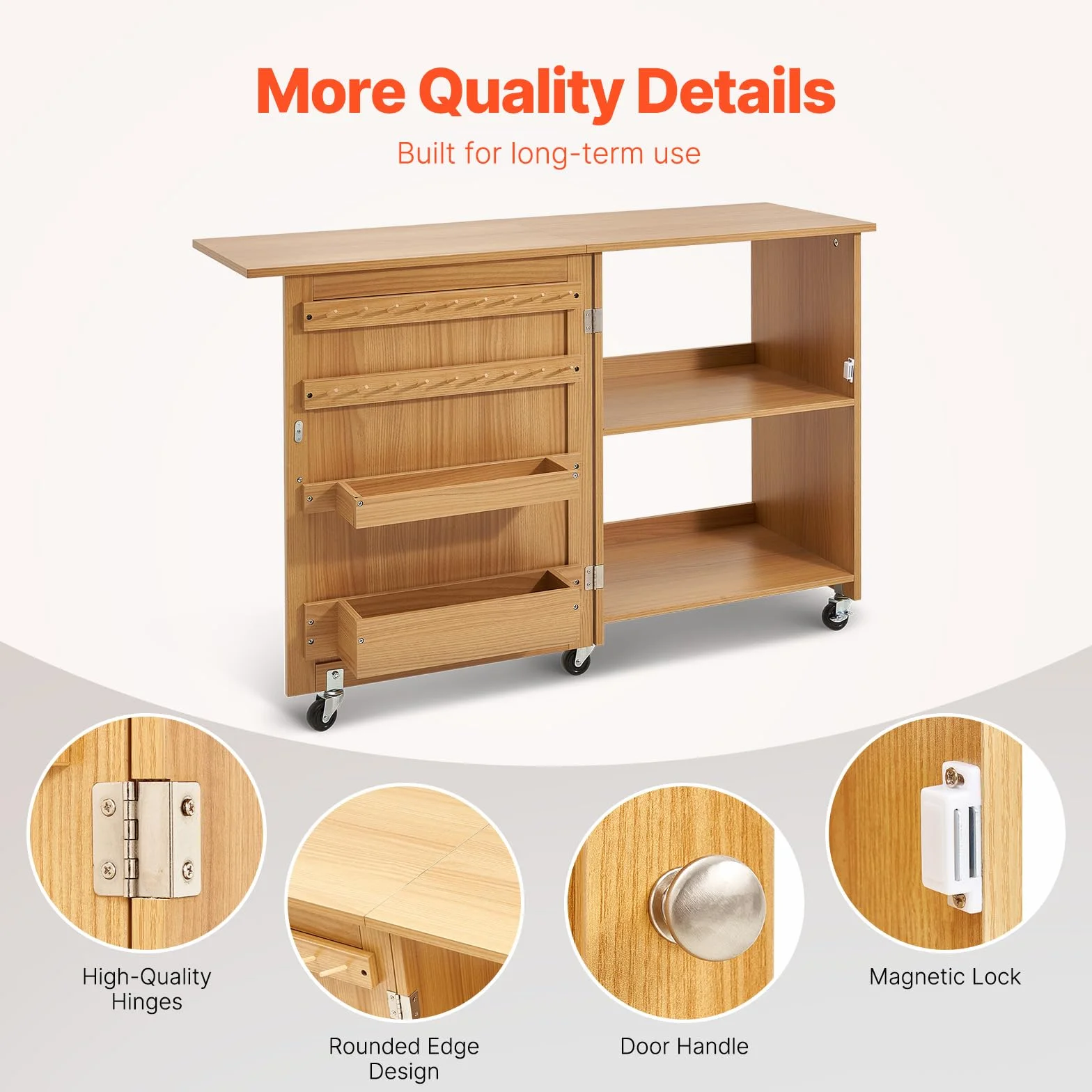 VEVOR Tavolo da Cucito Pieghevole, Tavolo Multiuso per Macchina da Cucire Design Compatto a Rotelle Piano Vassoio Portaoggetti, Pioli in Legno Ante Magnetiche, Mobiletto per Macchina da Cucire