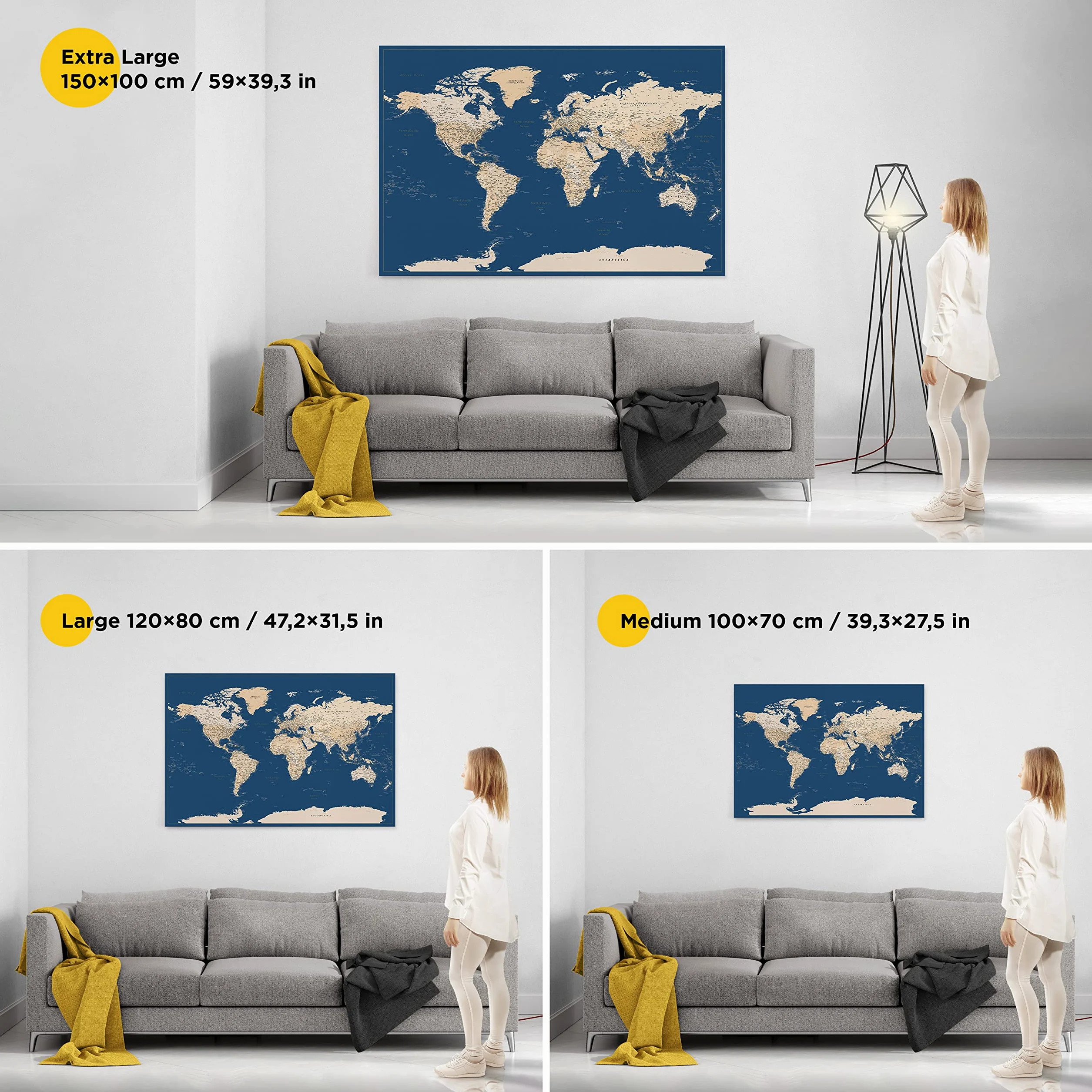 Trip Map Planisfero da Parete – Mappa del mondo - Quadro su tela incorniciato con 100 puntine incluse – Cartina geografica mondo in Blu Scuro - 3 dimensioni