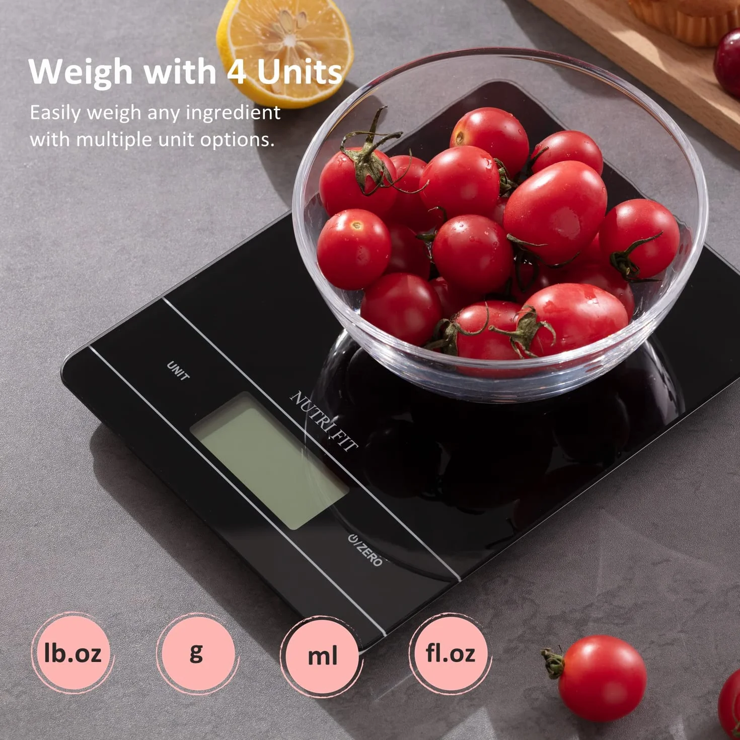NUTRI FIT Bilancia da cucina digitale ricaricabile, bilancia elettronica per alimenti con ricarica USB-tipo C per cucinare e cuocere al forno, LCD retroilluminato, 11 libbre/5 kg (Nero)