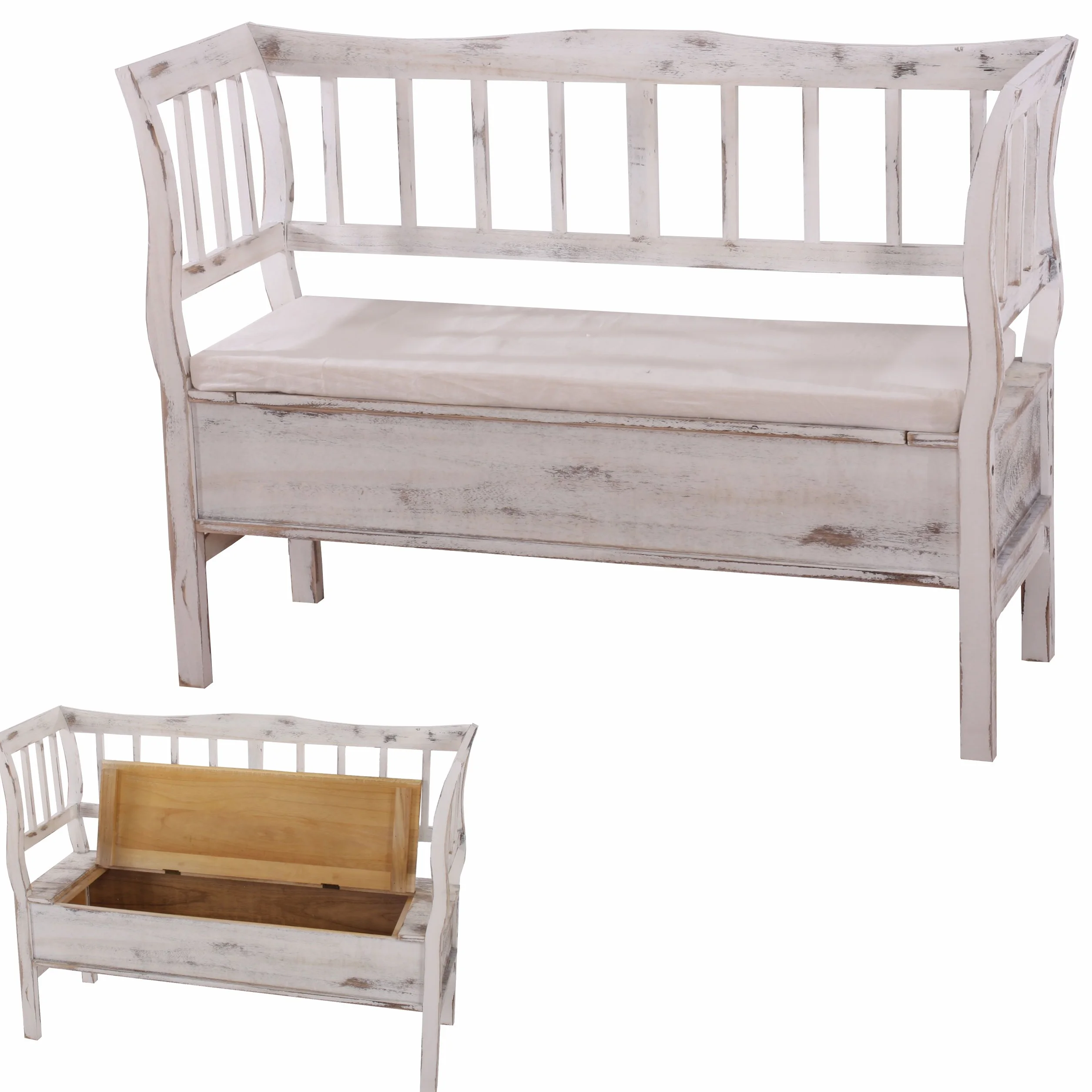 Mendler Panca cassapanca 119cm con cuscino T207 legno di paulonia 40x119x85cm bianco antico