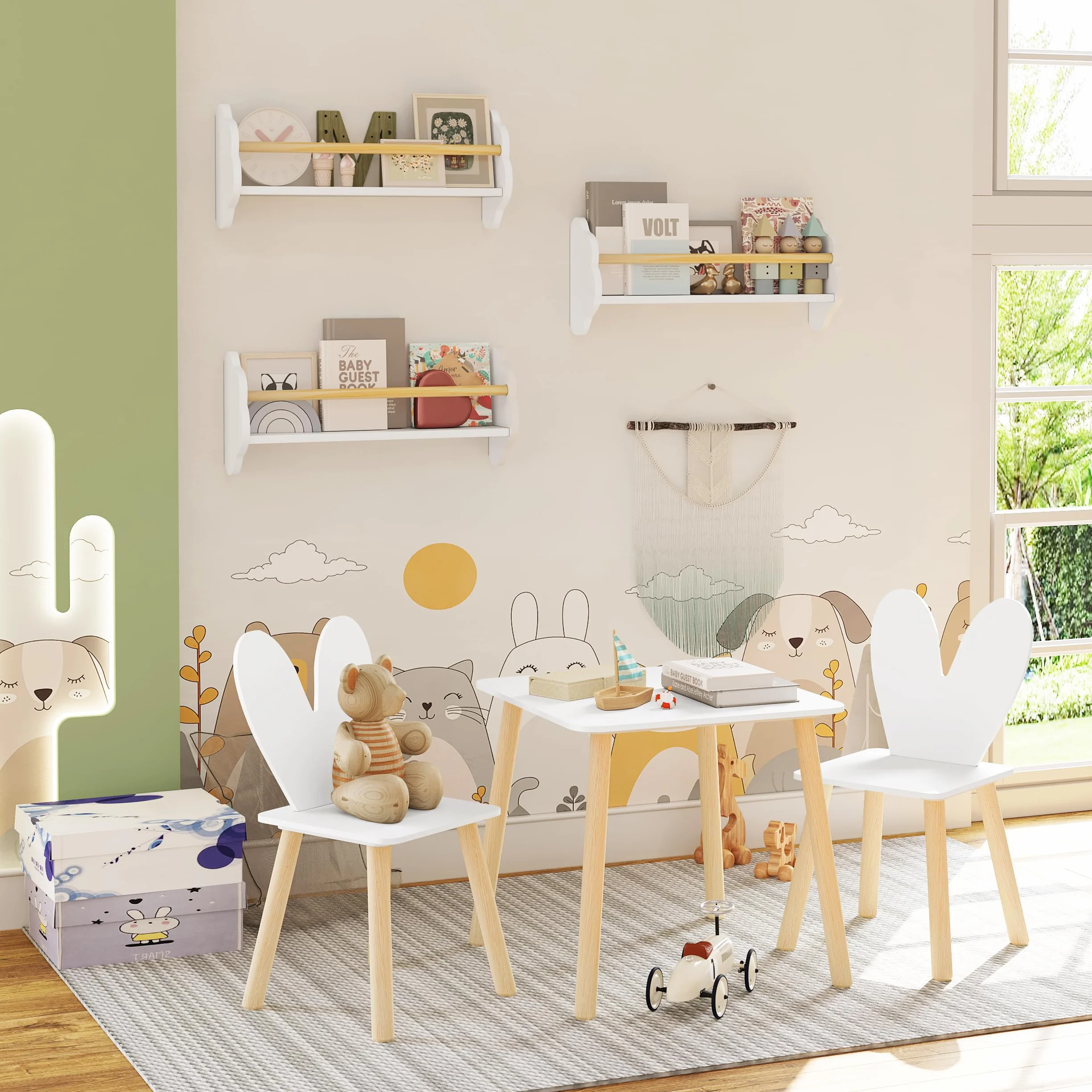 WOLTU Set 3 Libreria da Parete per Bambini, Mensole Cameretta, Porta Libri Giocattoli, Pino MDF, Bianco