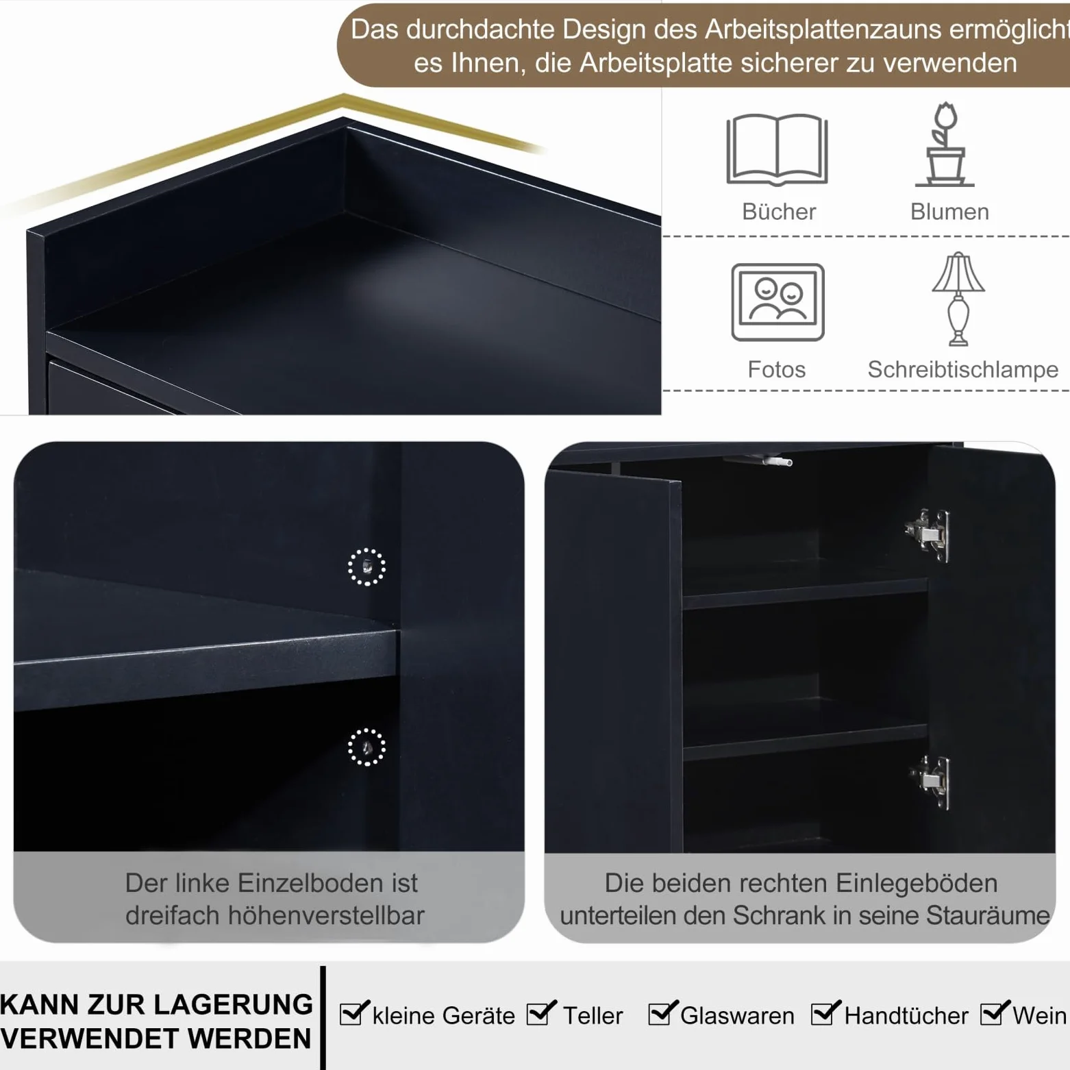 Credenza 120 cm, madie moderne soggiorno con 4 ante, buffet mobile cucina con ripiano regolabile e gambe in metallo, per cucina, soggiorno, sala da pranzo, ingresso (nero, 120 x 30 x 80 cm)