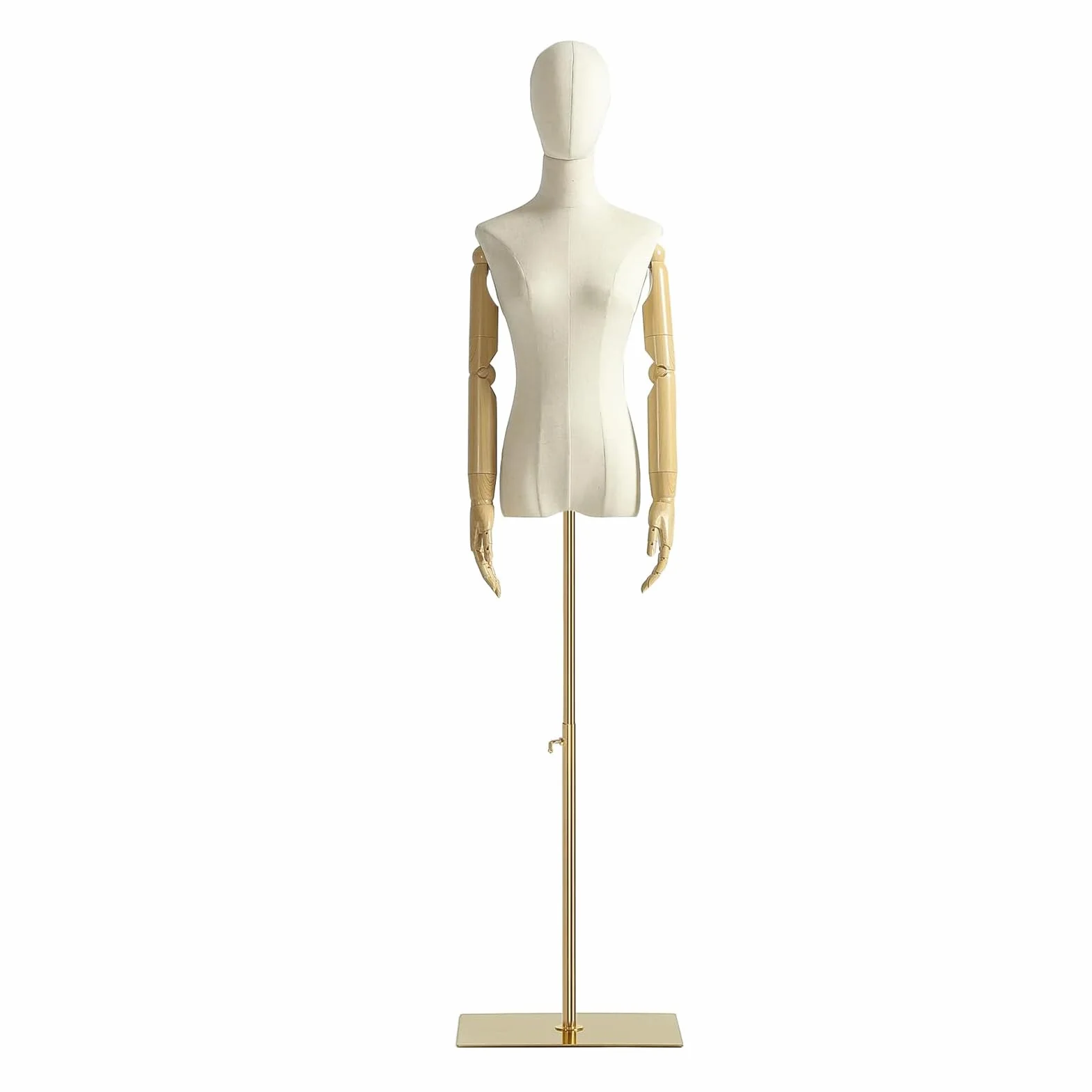 Manichino femminile a forma di busto, corpo manichino con testa staccabile, mani in legno e supporto regolabile in altezza dorato, per esposizione di gioielli, beige (oro)