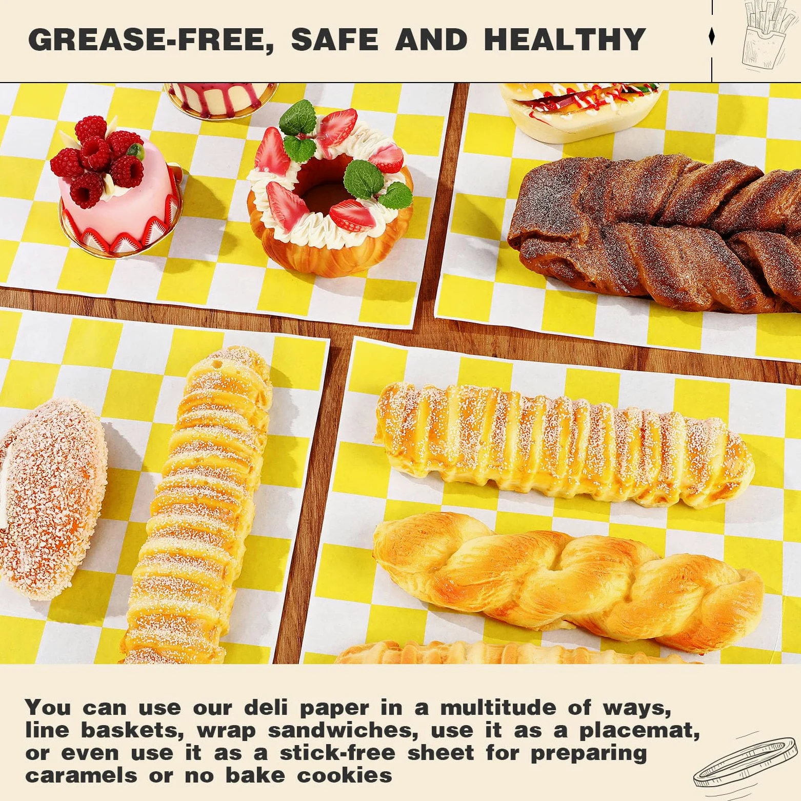 Colarr 1000 fogli di carta cerata, 38 x 38 cm, grandi fogli di carta da imballaggio a scacchi, per hamburger, pane, ristorante, barbecue, picnic (giallo)