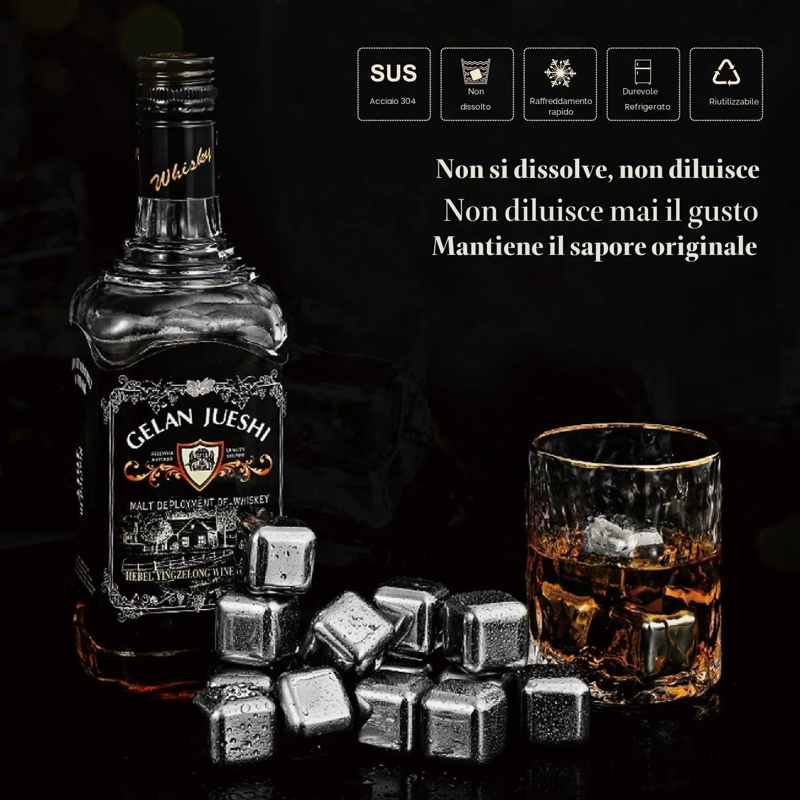 Cubetti di Ghiaccio Riutilizzabili in Acciaio Inox 16 Pezzi - Pietre per Whisky Regalo Uomo