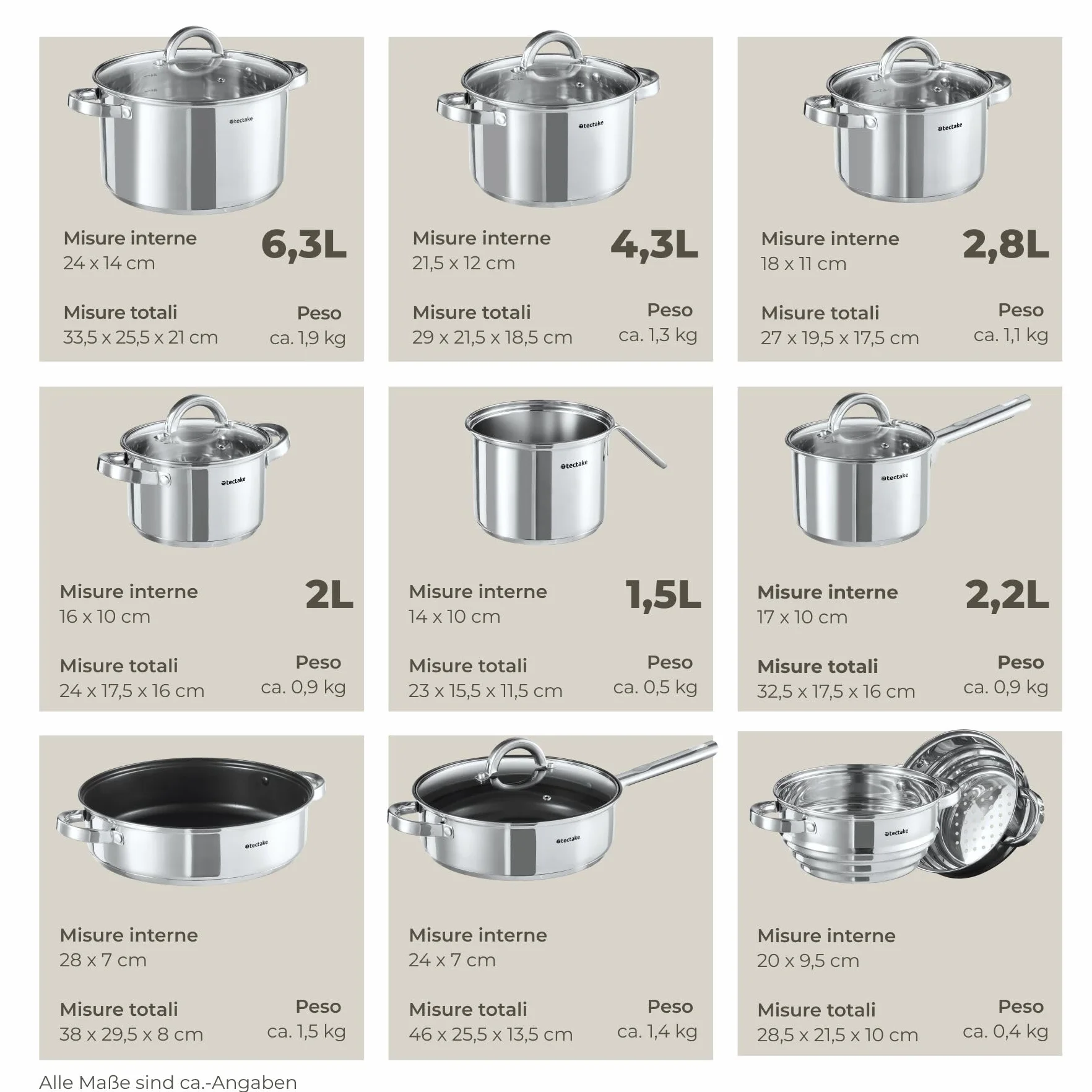 Tectake Set di Pentole 15 Pezzi Acciaio Inossidabile Induzione Gas Elettrico Antiaderenti Lavastoviglie