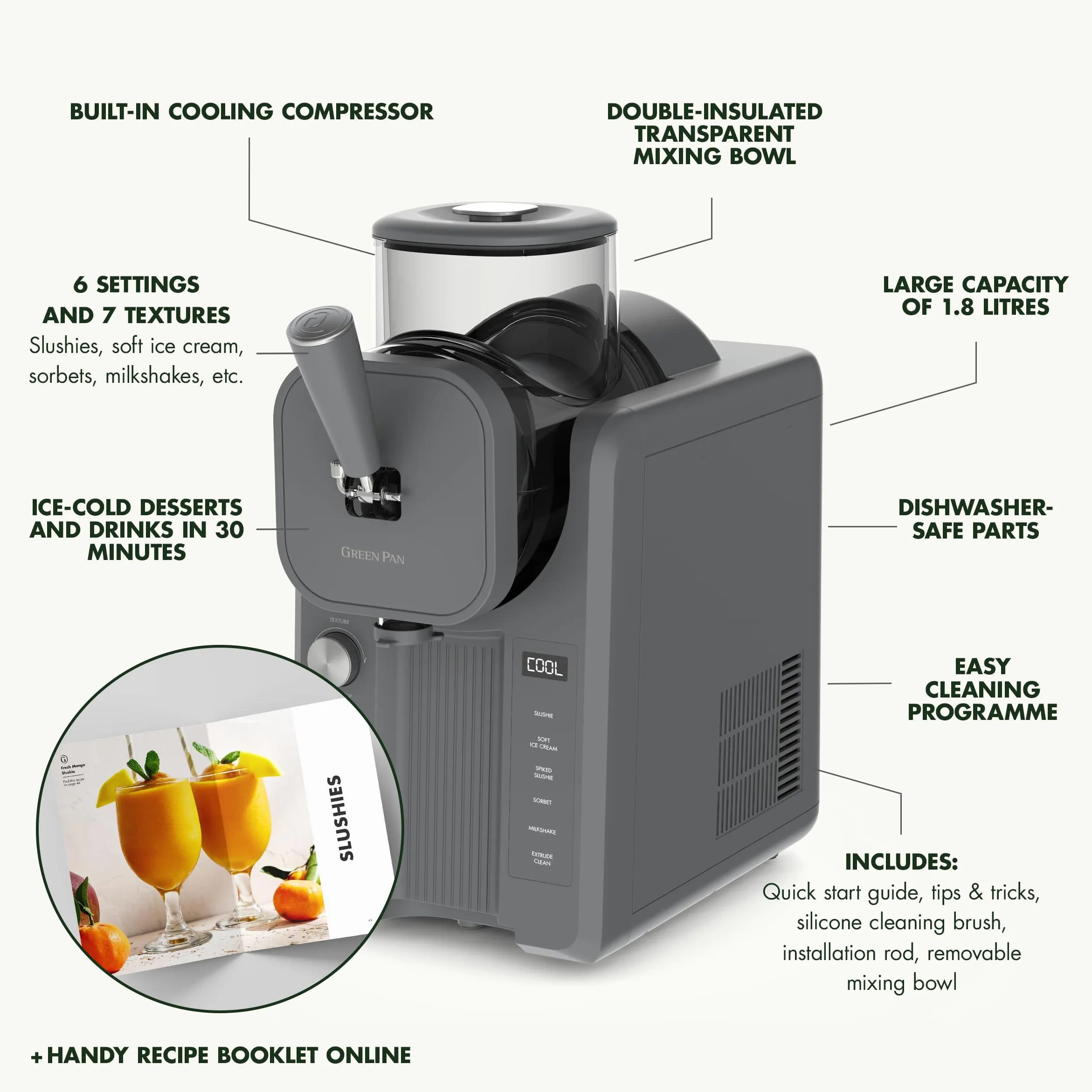 GreenPan Frost Gelatiera e Macchina Slushy, Gelato Soft Sorbetti Milkshake Frozen Yogurt, Senza Precongelamento, Pronta in 15 Min, 15-in-1, 6 Modalità, 7 Texture, Autopulente, Bianco