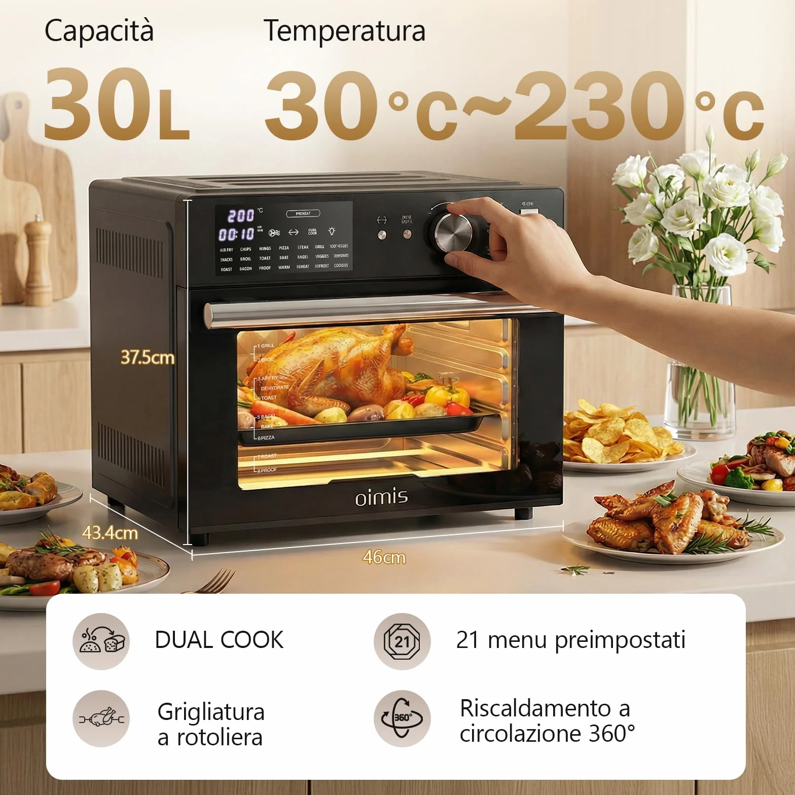 Friggitrice ad aria calda XXL 1800W, forno elettrico 21 in 1 con timer, Dual Cook