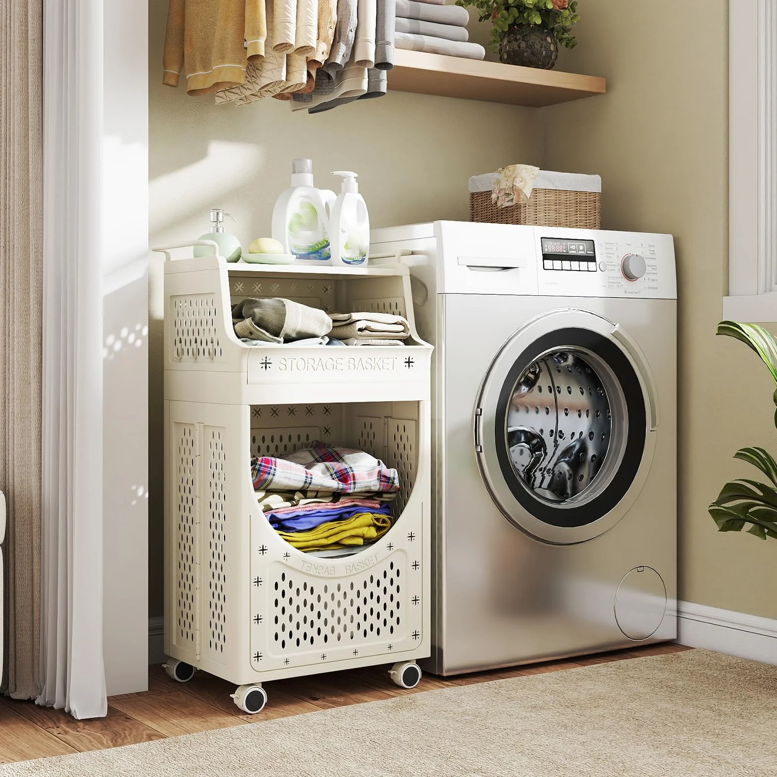 GIANTEX - Carrello portabiancheria con 4 ruote e 6 ganci, cesto per la biancheria da 40 L, design pieghevole, contenitore per la biancheria e organizer per bagno, camera da letto, dormitorio