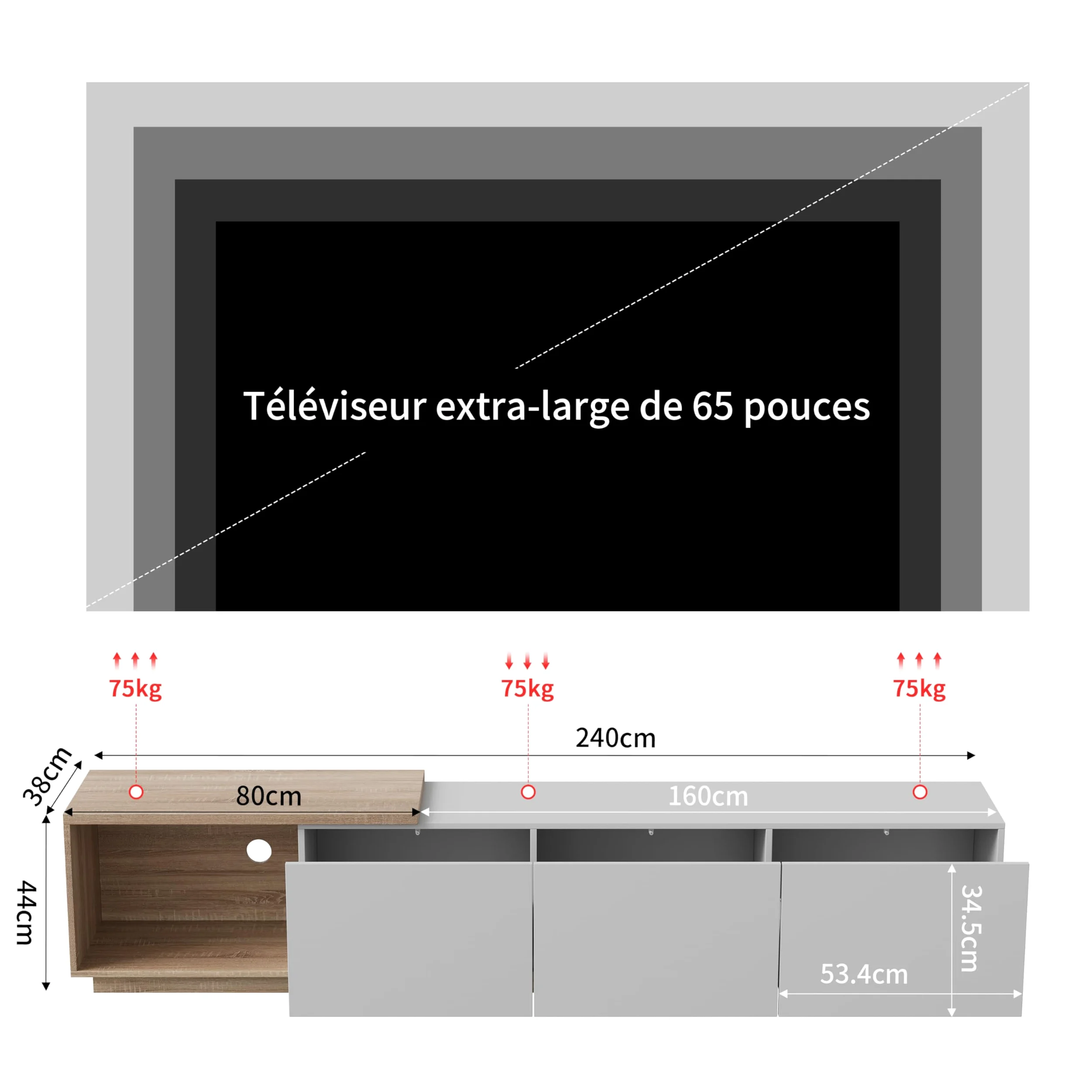 Mobile porta TV allungabile, mobile porta TV 240 cm di lunghezza con illuminazione LED, 3 cassetti, mobile TV in legno, mobili TV per televisioni da 65 pollici, mobili TV moderni per soggiorno o