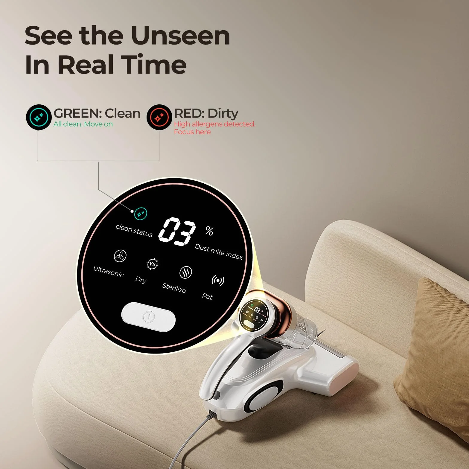 JIGOO J300 Battimaterasso,500W Aspiratore portatile intelligente per materassi, Aspirapolvere antiacaro con luce UV, rimuove il 99,9% degli allergeni, per materassi, letti, divani e mobili imbottiti