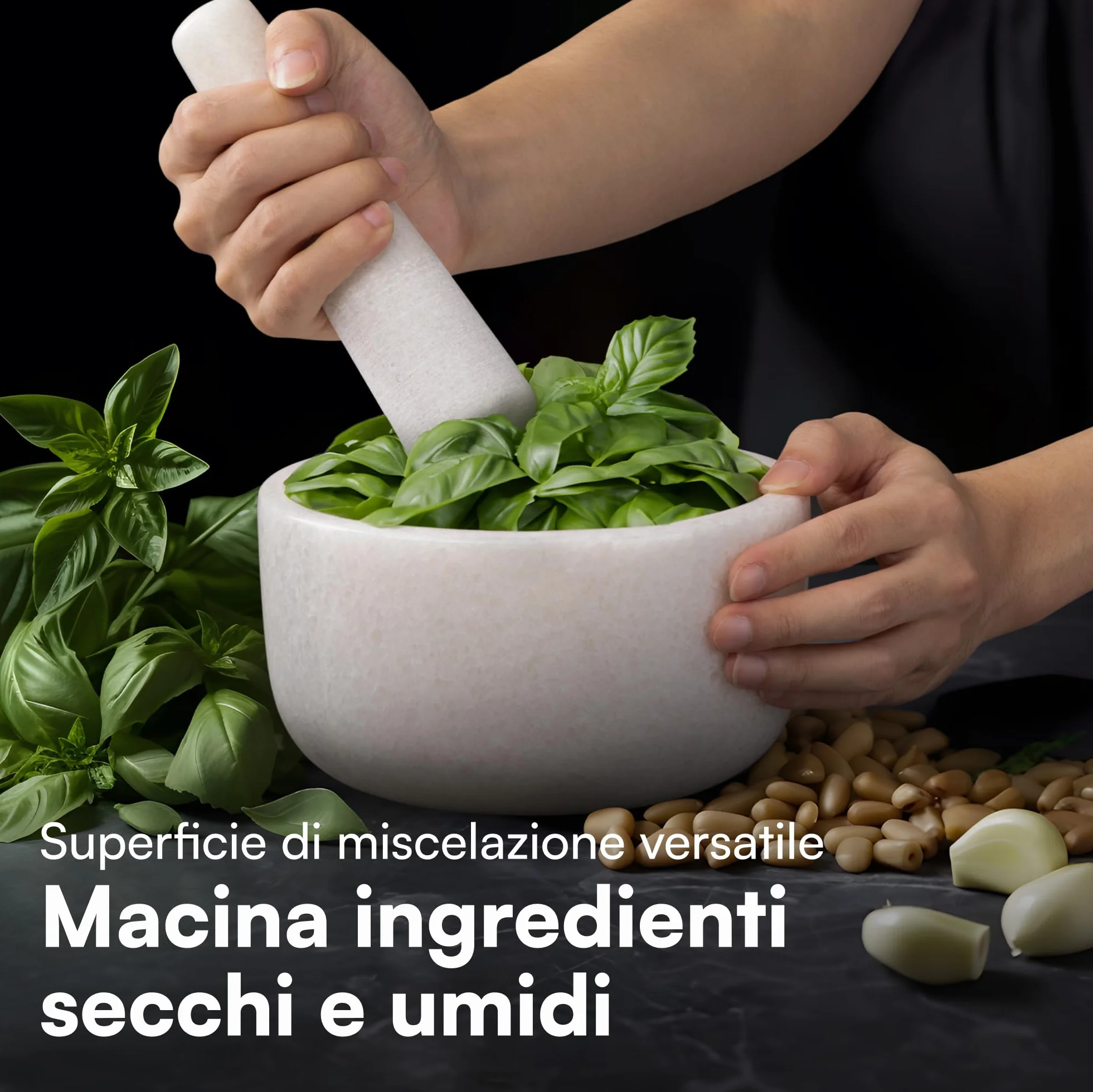 Mortaio con Pestello in Marmo Ø 18 x 10 cm per Pesto - Bianco Antiscivolo
