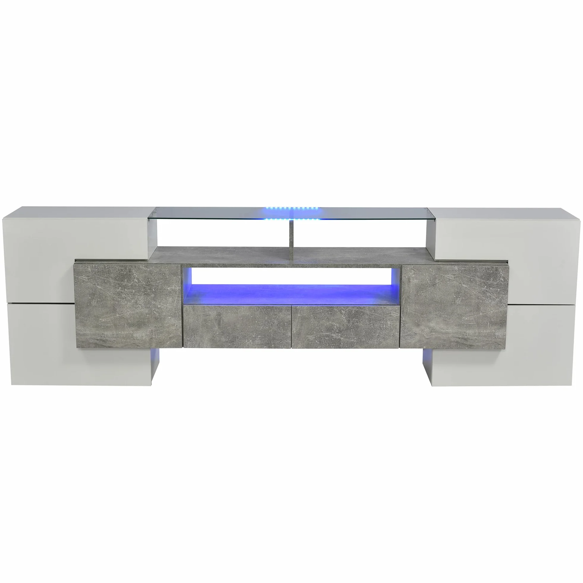 Mobile elegante per TV, Lowboard. 200 cm, illuminazione a LED, mobili per soggiorno. Design moderno. Elegante superficie in vetro. (Bianco lucido e cemento + MDF)