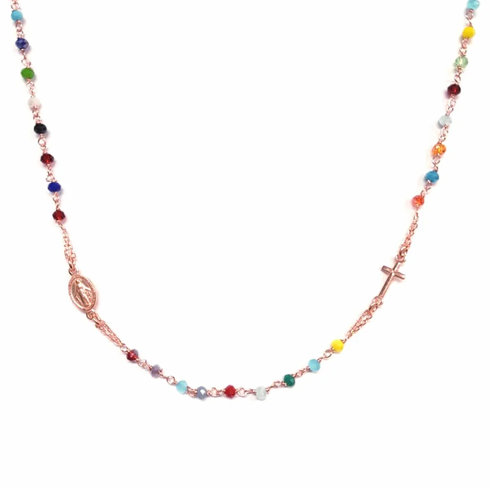 Linea Italia Gioielli Collana Rosario Girocollo Donna Argento 925 Placcato Rosa Pietre Colorate Croce Medaglietta Madonna Made In Italy
