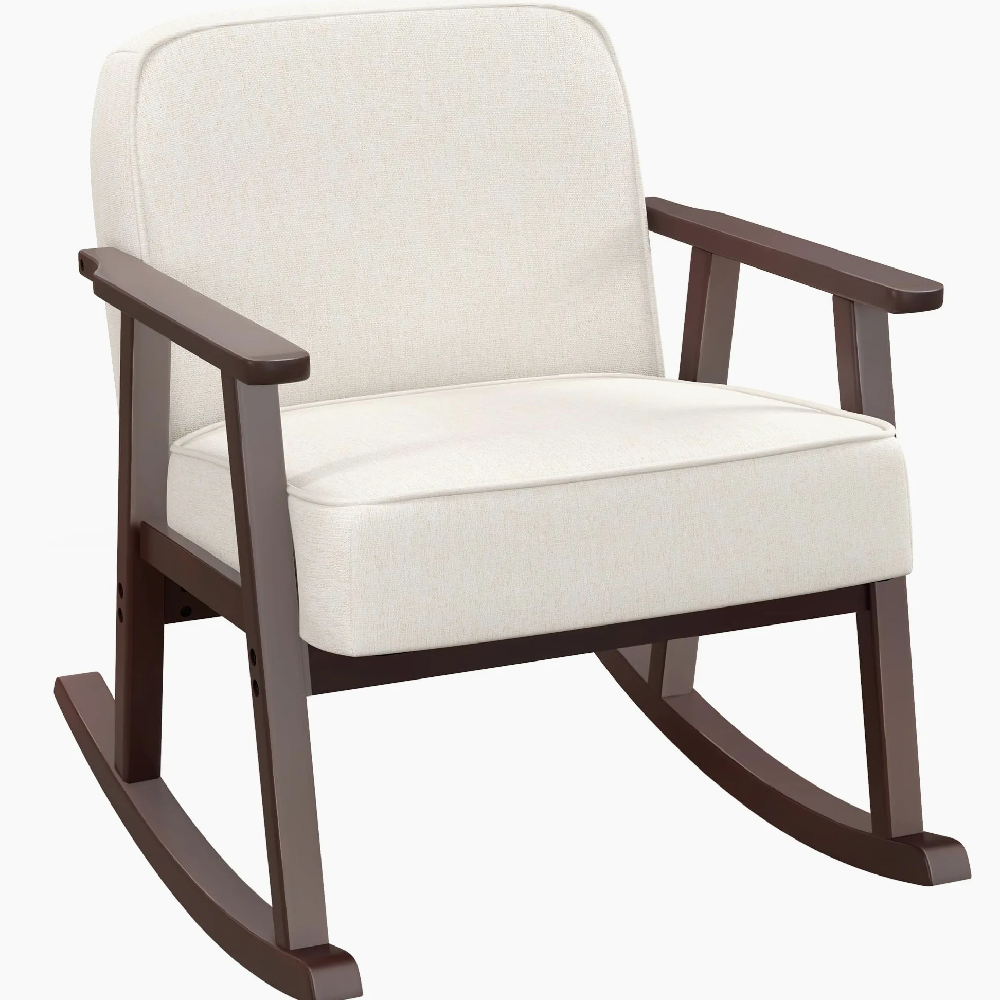 HOMCOM Poltrona a Dondolo per Interni in Tessuto Effetto Lino e Legno con Braccioli e Cuscini, 66x78x76 cm, Beige e Marrone
