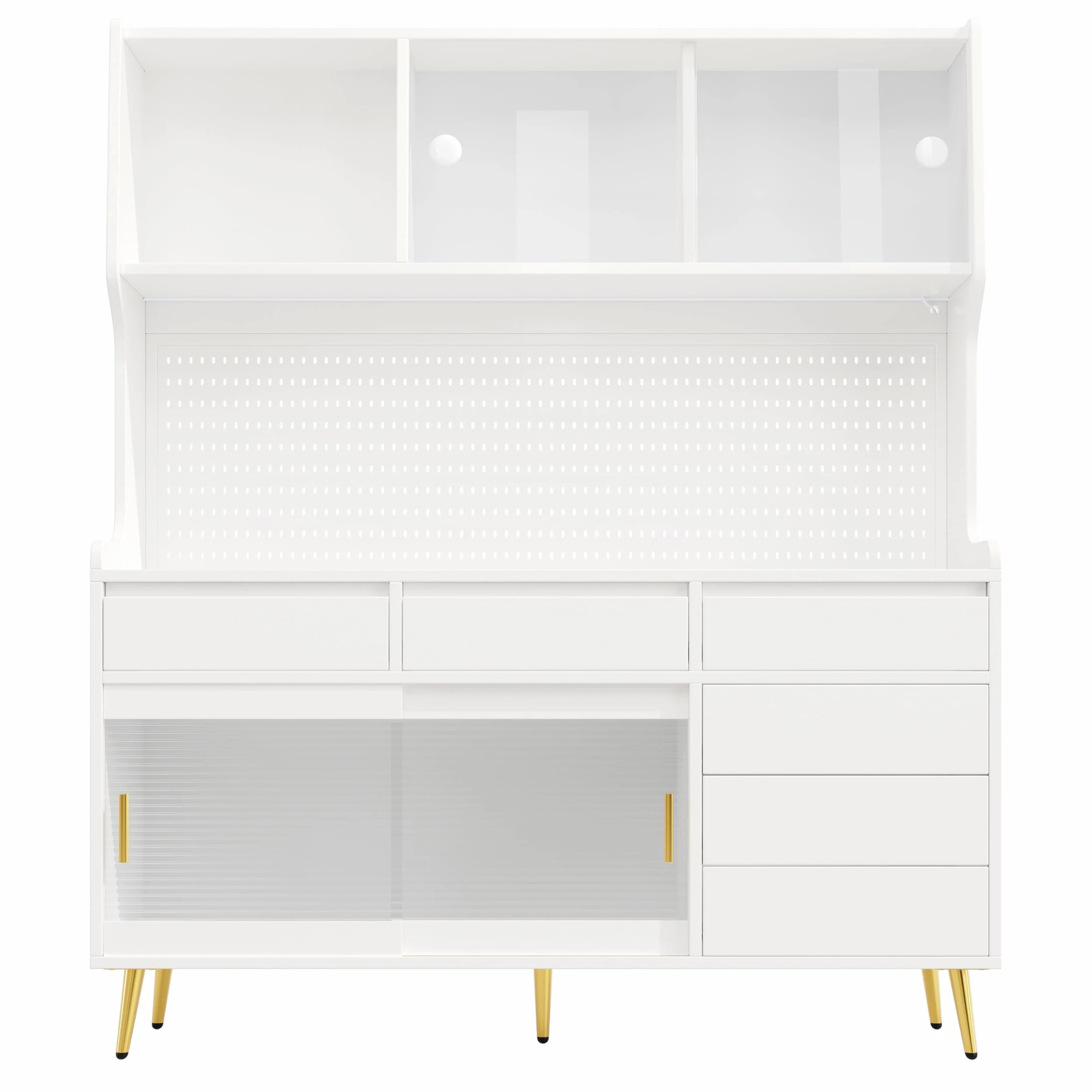 Mobile alto moderno, 145 x 39 x 171 cm, bianco, con armadio da cucina o armadio da sala da pranzo con cassetto, credenza con ripiano con parete forata