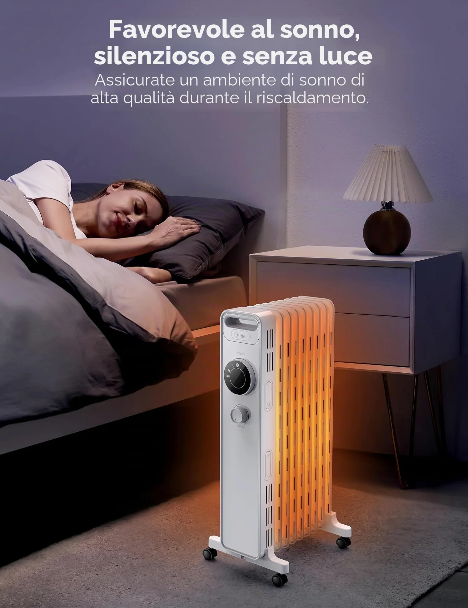 Midea NY2009-22M Radiatore ad olio 2000 W, termoventilatore a risparmio energetico, silenzioso, radiatore a 9 costole, termostato regolabile, 3 livelli di riscaldamento, protezione antigelo, display