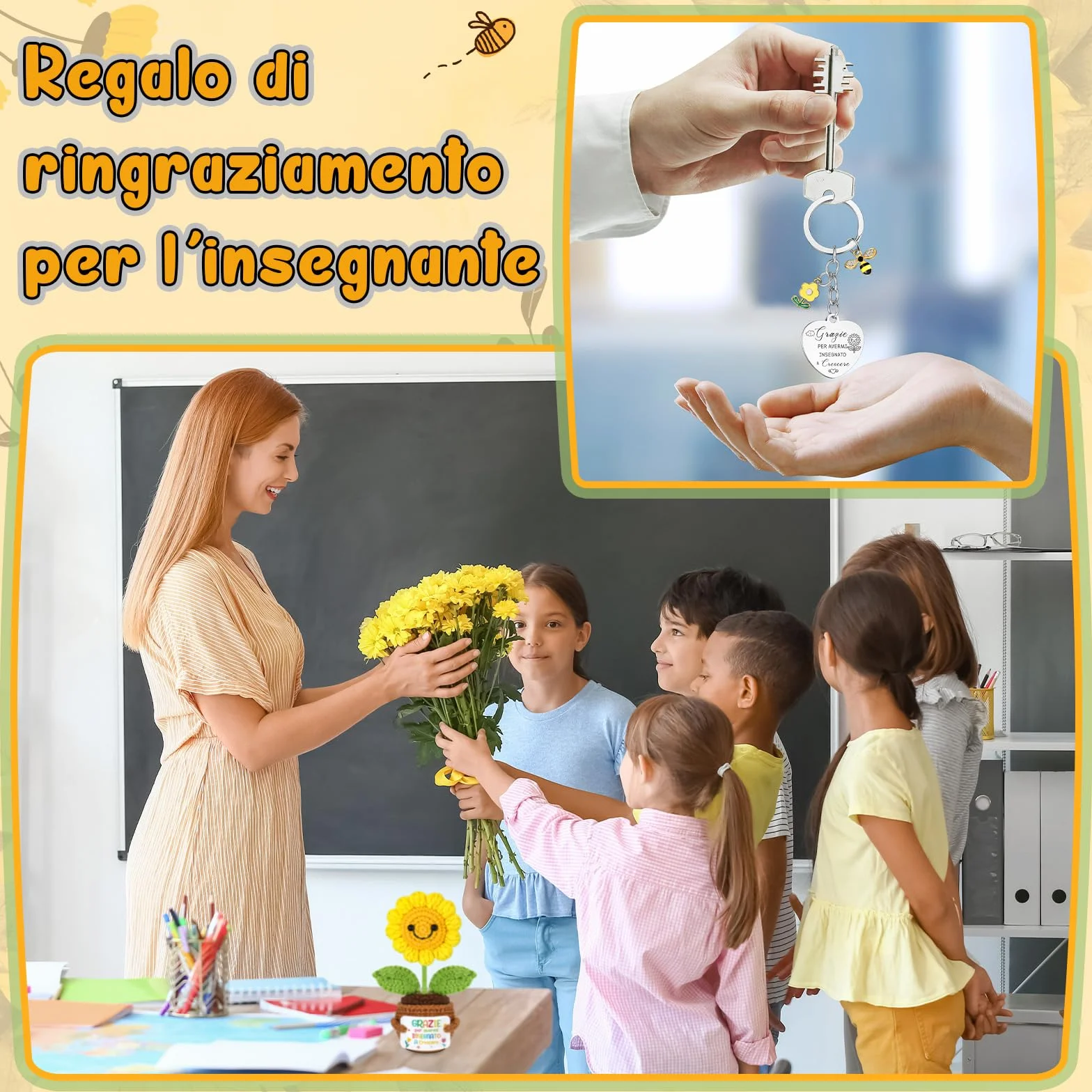 Zomiboo 2 Set Regali di Apprezzamento per Insegnanti Geazie per Avermi Insegnato a Crescere Bambola Girasole Positiva Portachiavi Maestra Biglietti di Auguri con Fiori Secchi Regalo Maestre Asilo