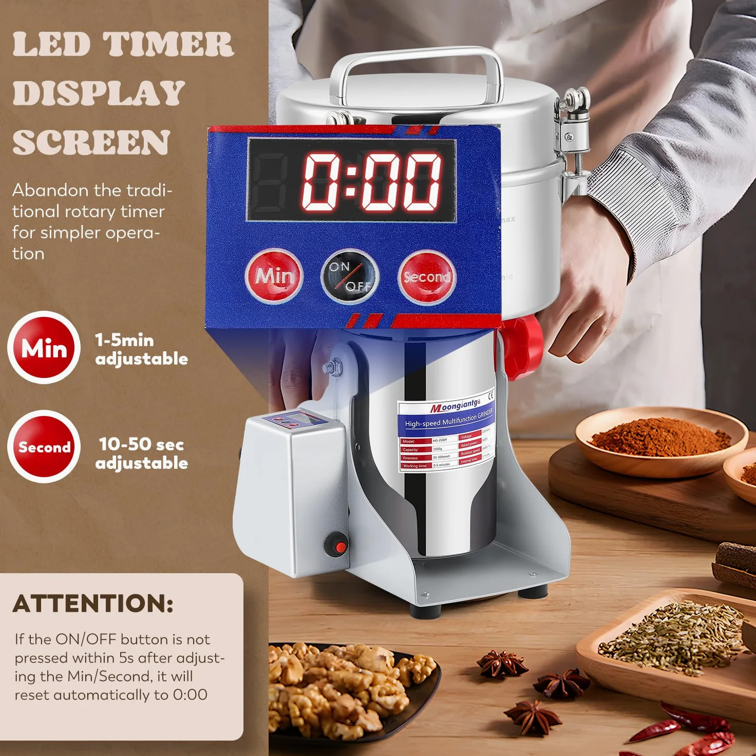 Moongiantgo 2500g Mulino per Cereali Elettrica, con Display a LED, Acciaio Inossidabile & Motore Commerciale 3600W 36000RPM, 30S Rettifica Ultra Fine ad Alta Velocità, per Cereali/Erbe/Spezie/Noci