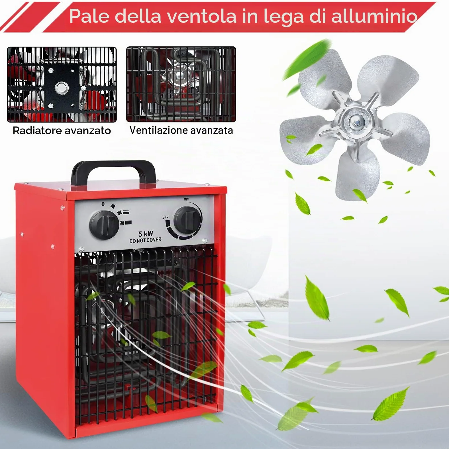 LARS360 Termoventilatore elettrico a risparmio energetico 5000 Watt – Riscaldamento industriale professionale con 3 livelli di riscaldamento, riscaldatore elettrico per uso interno ed esterno