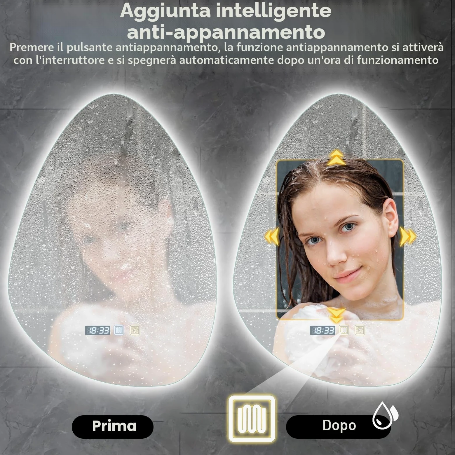 Specchio Bagno con Luce, asimmetrico con illuminazione, 500x700 mm, LED con interruttore touch, anti-appannamento, bianco freddo, 6400K, specchio luminoso a risparmio