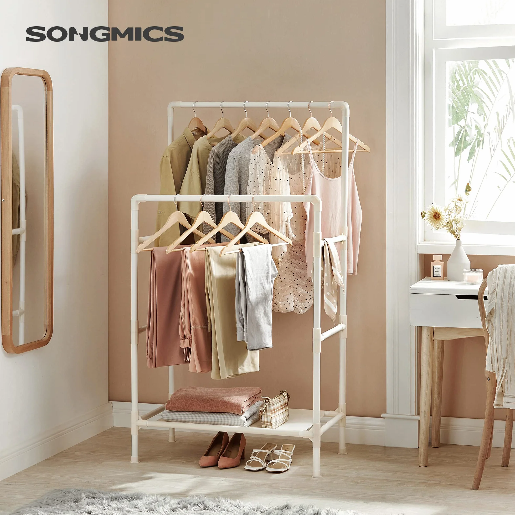 SONGMICS Stand Appendiabiti da Terra in Metallo 2 Barre Ripiano Portaoggetti Max Portata 55 kg Bianco RDR01WT