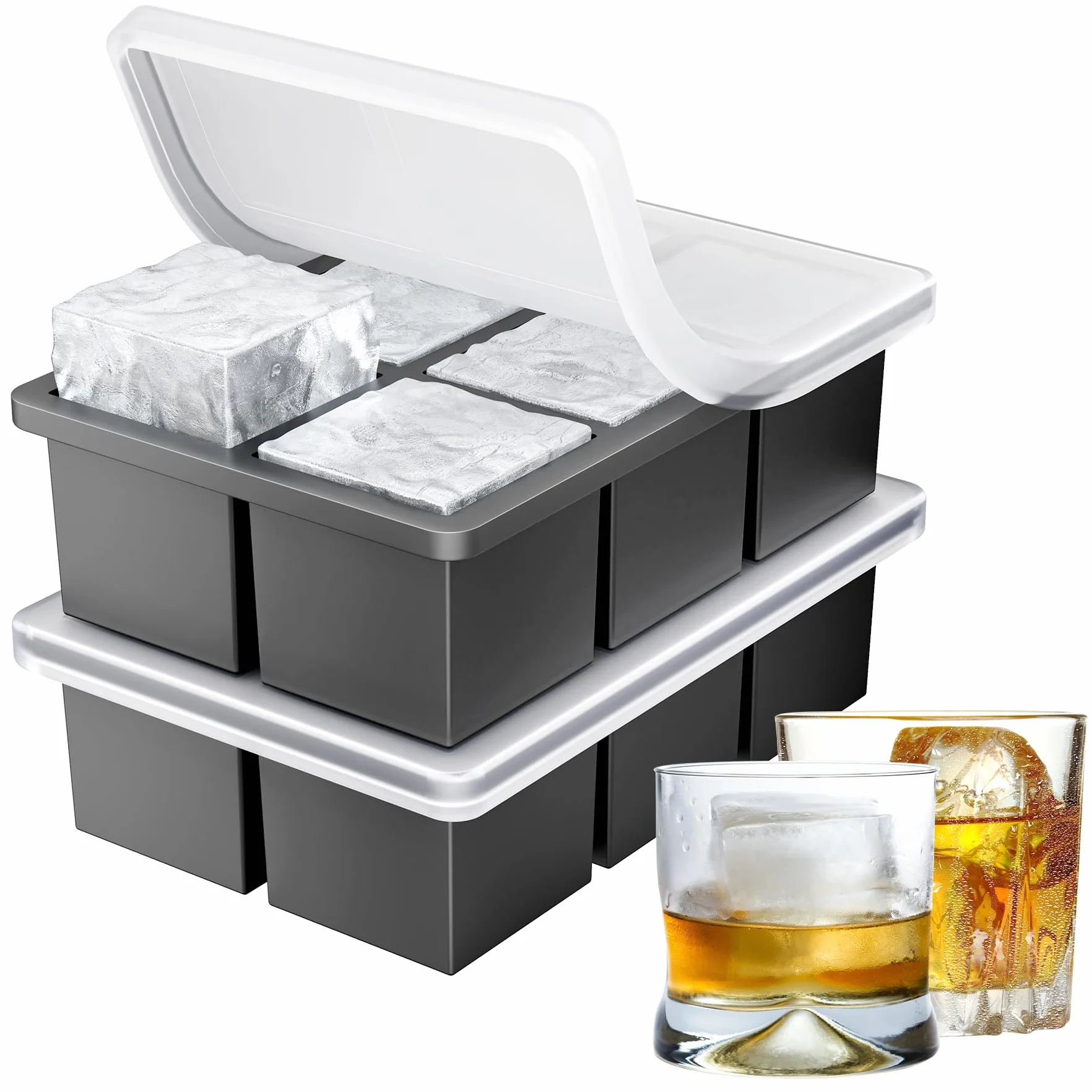 Ankway Stampo per Ghiaccio Set da 2, Silicone Senza BPA, Grande Cubetti con Coperchio, Stampi Impilabili per Whisky e Cocktail