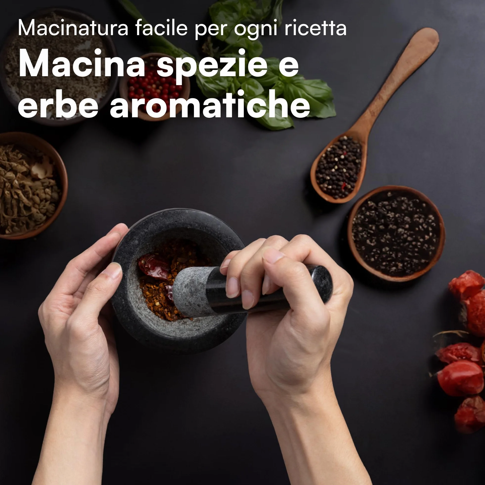 H&S Mortaio con Pestello in Granito - Ø 12 x 7 cm - Mortaio per Pesto - Utensili Cucina per Tritare Noci e Erbe Aromatiche - Stabile con Piedini Antiscivolo e Antigraffio - Nero