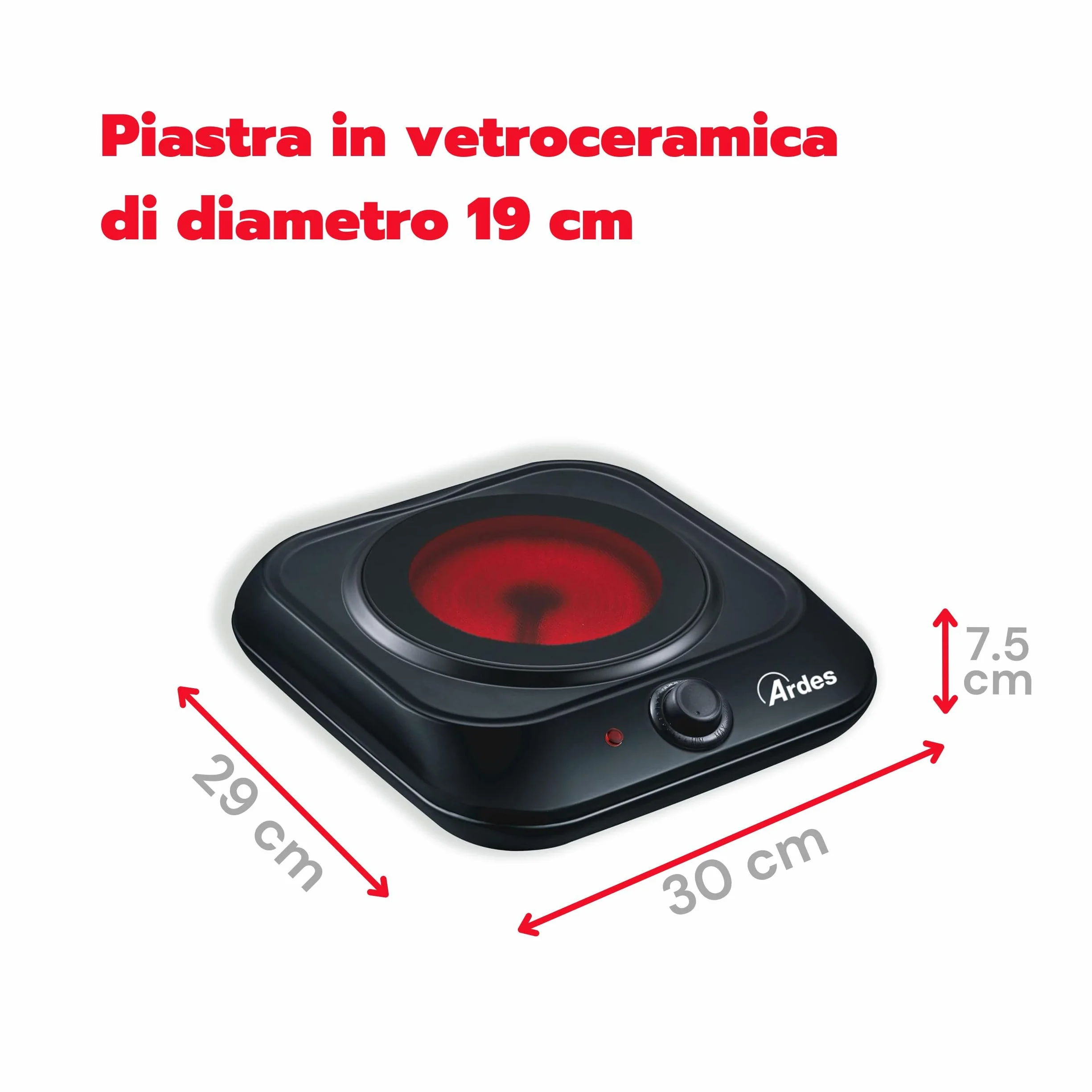 ARDES Fornello elettrico a infrarossi 1200W piastra vetroceramica Ø19 cm termostato regolabile