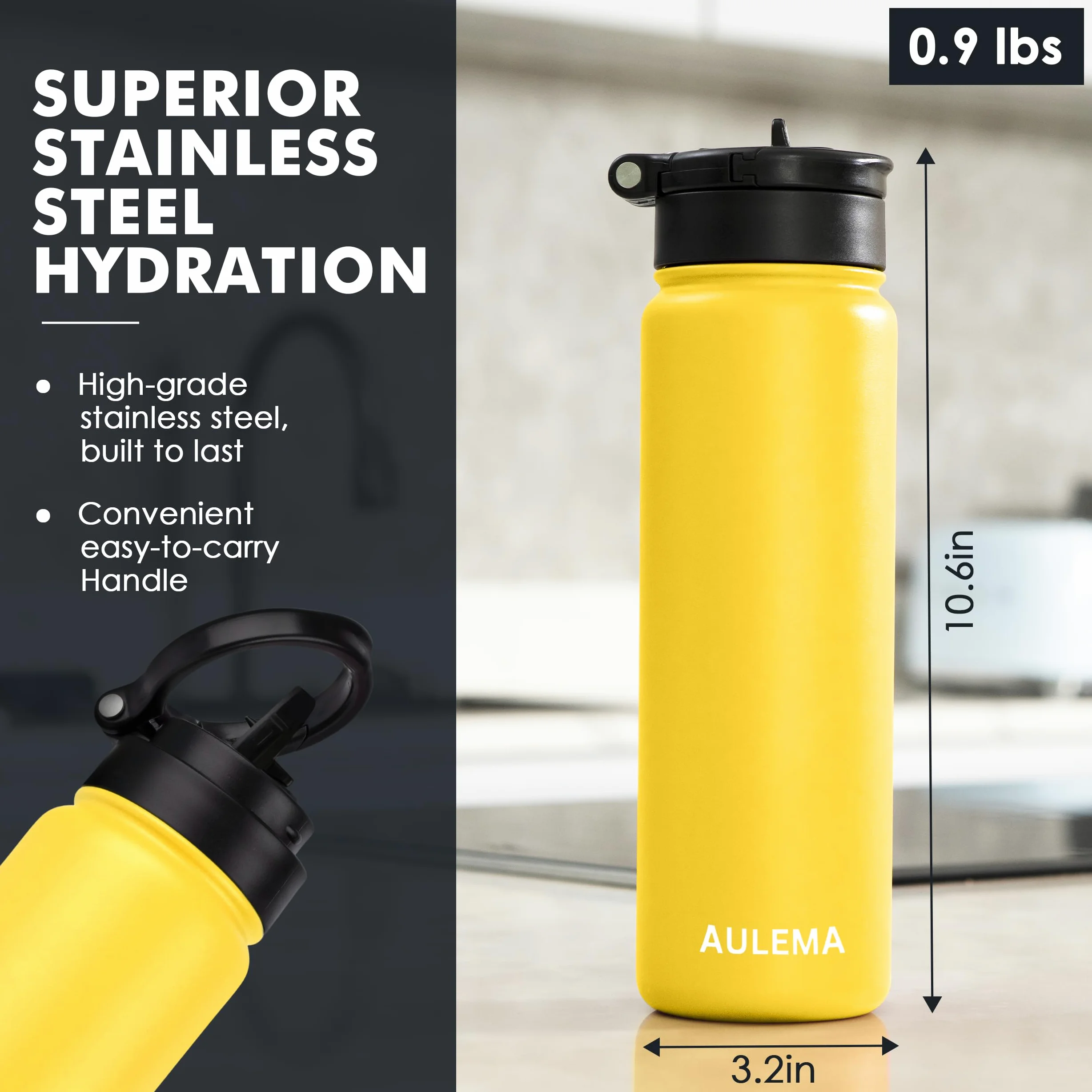 Borraccia termica in acciaio inox, a doppia parete, da 680,4 g, mantiene le bevande fredde per 24 ore e calde per 12 ore, a prova di perdite, coperchio pieghevole con cannuccia, lavabile in