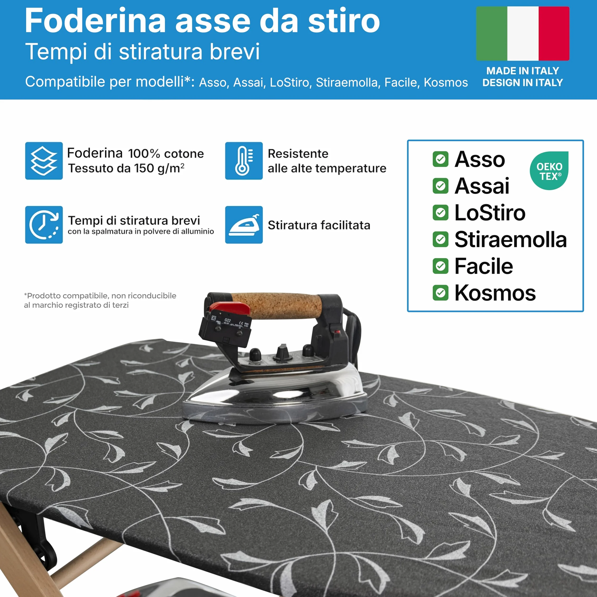 Copertina per Asse da Stiro, Compatibile con Foppapedretti, Colore Argento/Verde, Copriasse da stiro , copertura asse da stiro con Elastico, Tessuto 100% Cotone, 115 x 63 cm, Made in Italy