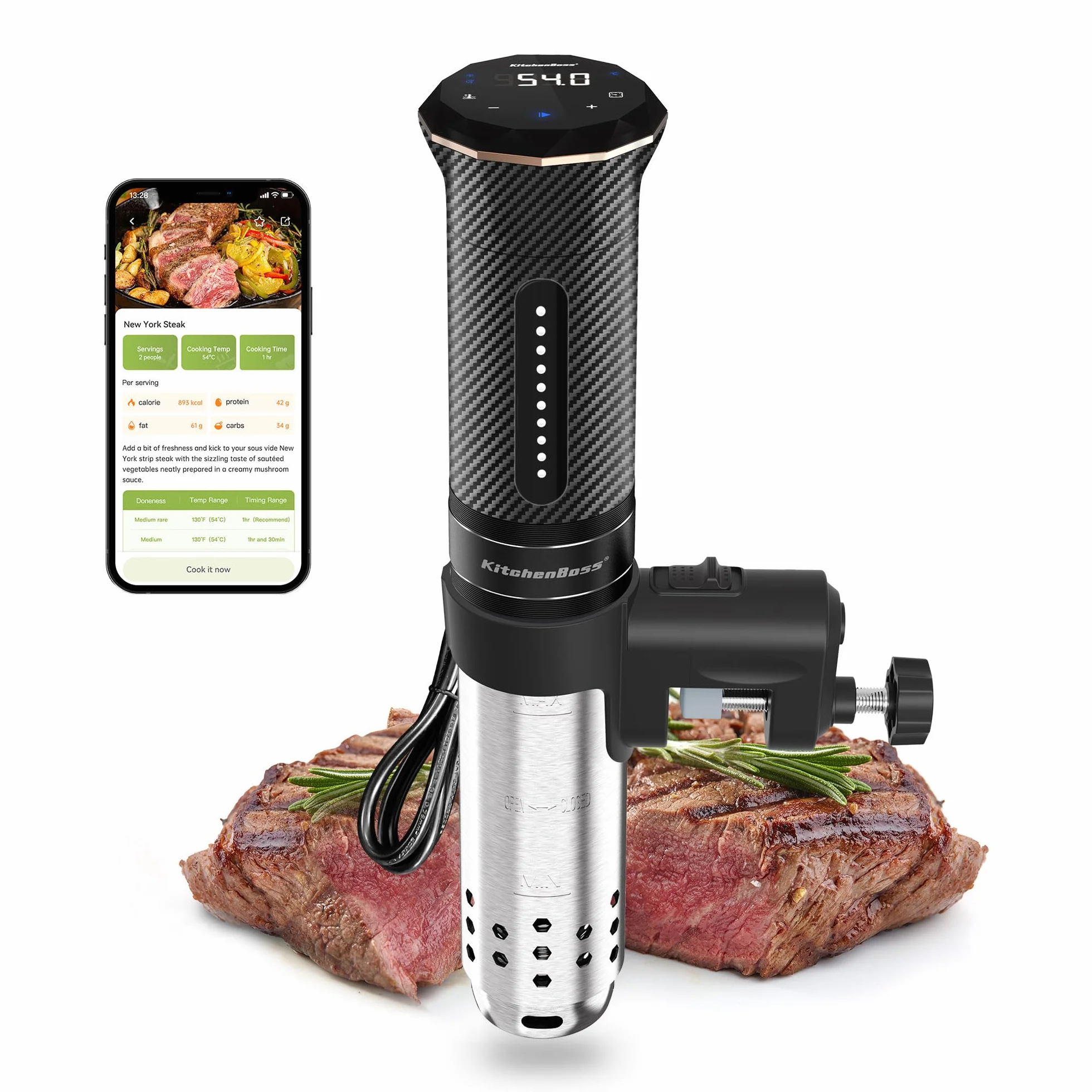 KitchenBoss WiFi Sous Vide Roner 1100W IPX7 40℃-90℃ LED Display Ultra-Silenzioso