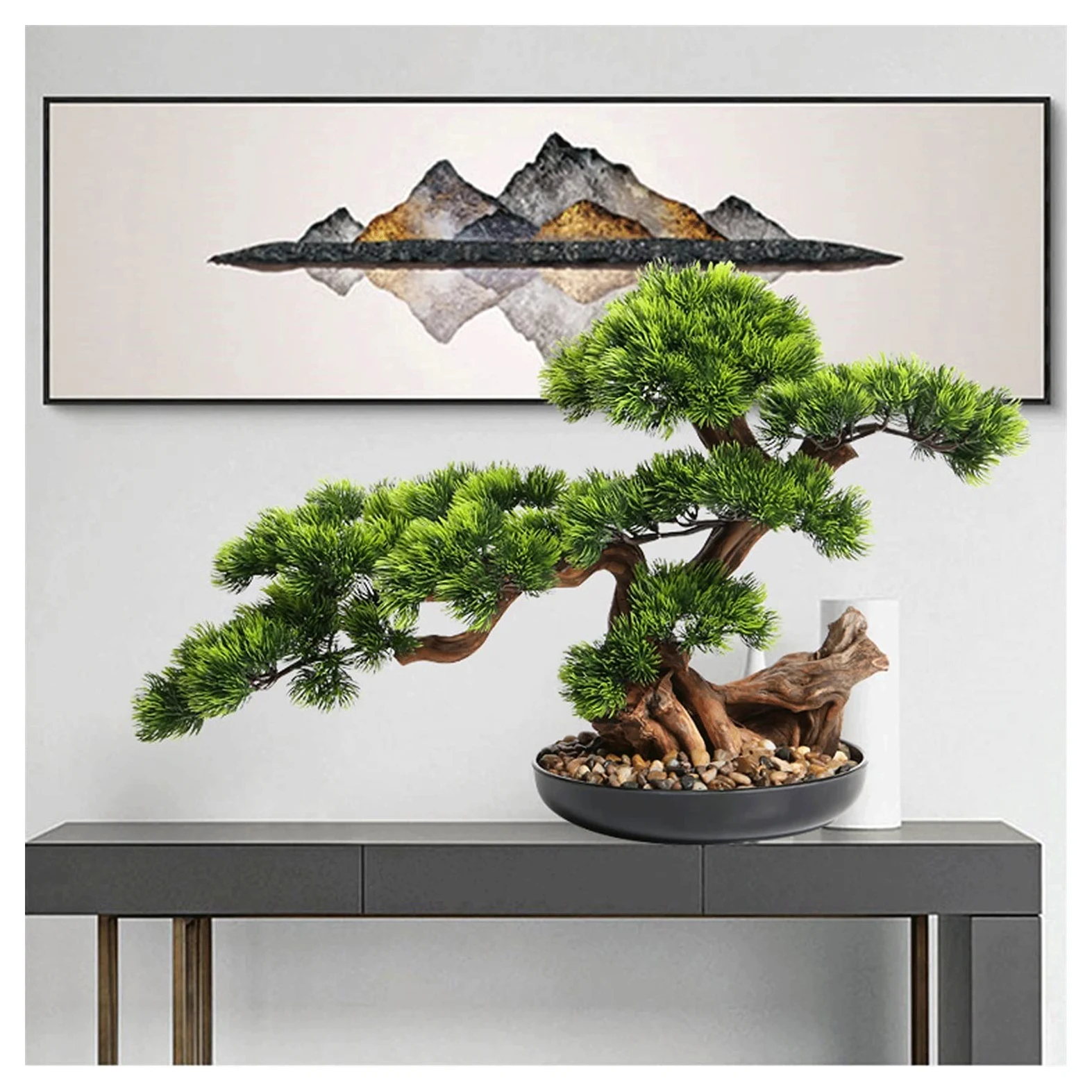 Bonsai artificiale, albero di pino bonsai artificiale, 43 cm, decorazione realistica, pianta artificiale in vaso, per esposizione desktop