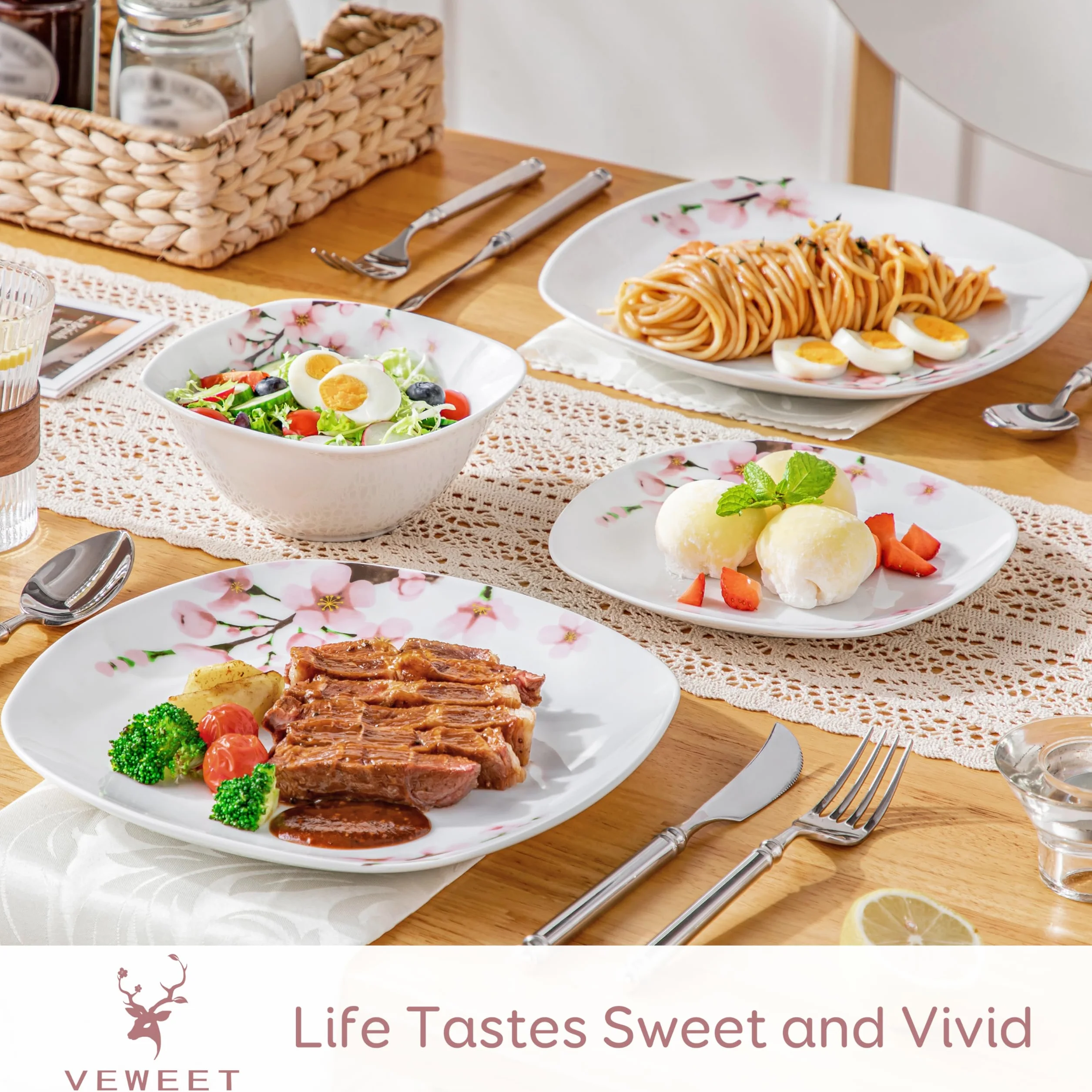 VEWEET Set di Stoviglie in Porcellana per 4 Persone - 12 Pezzi Con Motivo Floreale Rosa, Include Piatti Piani, da Dessert e Ciotole per Cereali