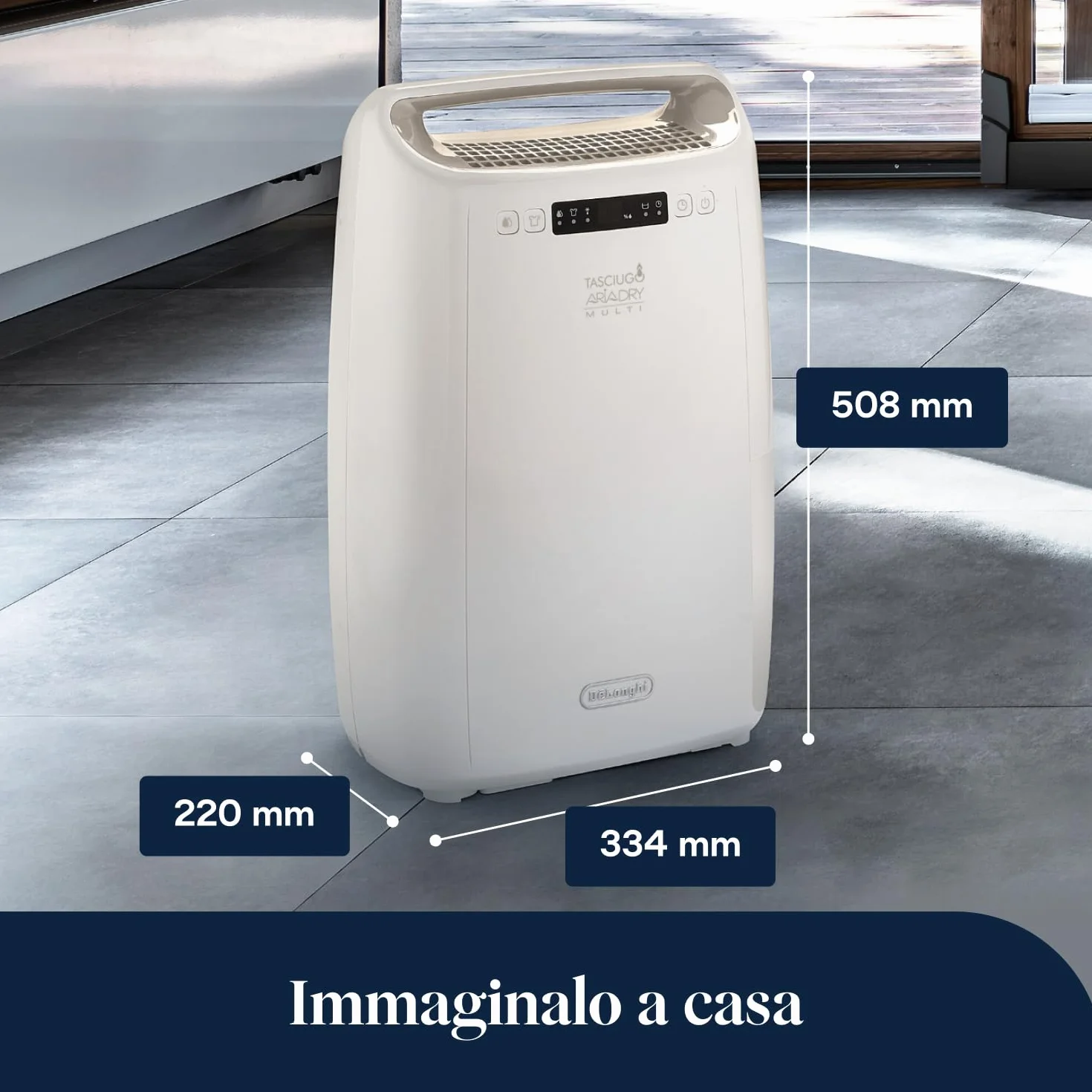 De’Longhi Tasciugo AriaDry Multi - Deumidificatore Casa Portatile, Sistema di Filtrazione a 3 Azioni, Assorbi Umidità 14L/Giorno, Asciugabiancheria, Antimuffa, Bassa Rumorosità, Bianco (DEXD214RF)