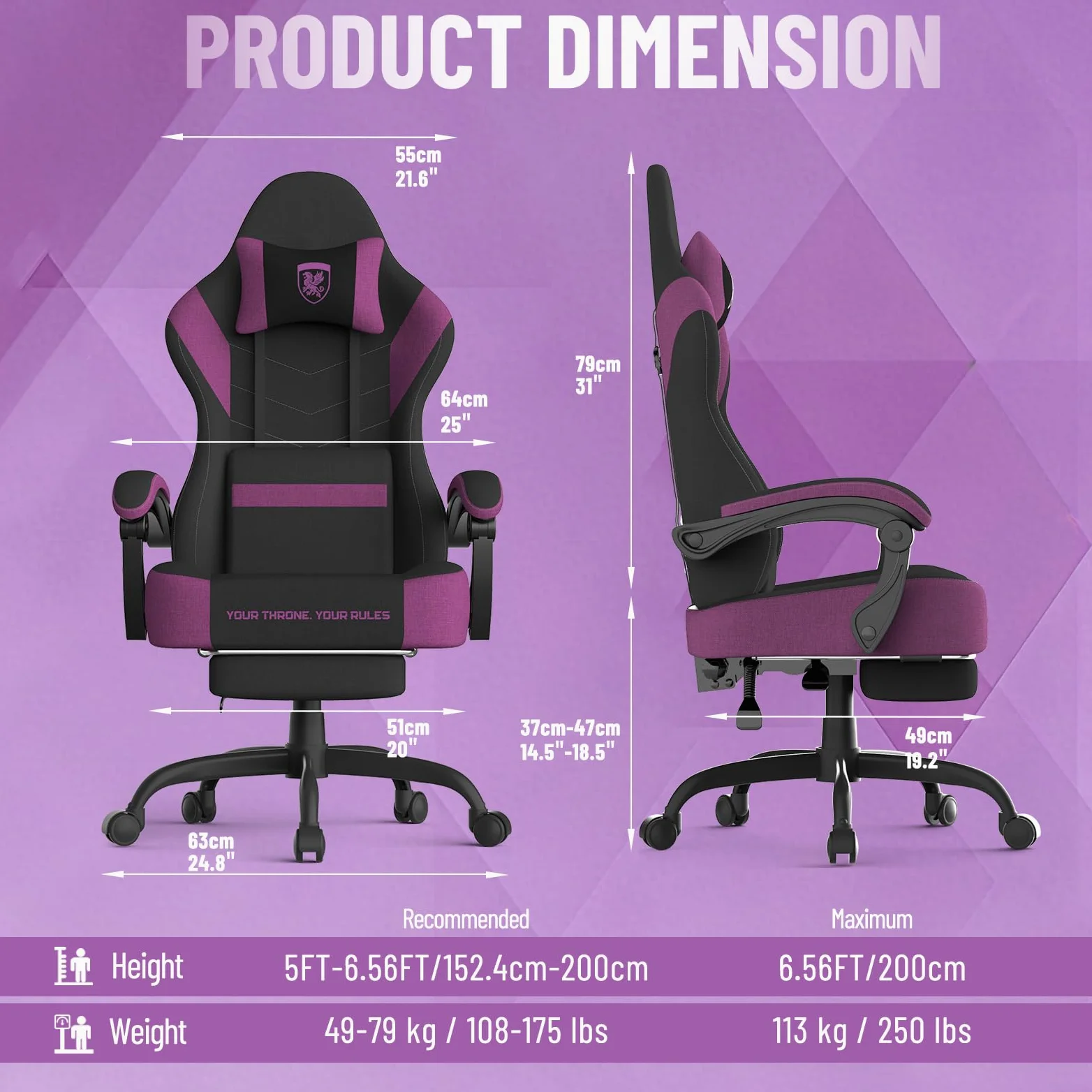 Ferghana Sedia da Gaming Ergonomica,Sedia Gaming in Tessuto Tecnologico,Sedia da Ufficio con Massaggio,Cuscino Primaverile,Poggiatesta,Braccioli, Ampio Sedile Piatto,Poltrona Ufficio,Nero-Viola