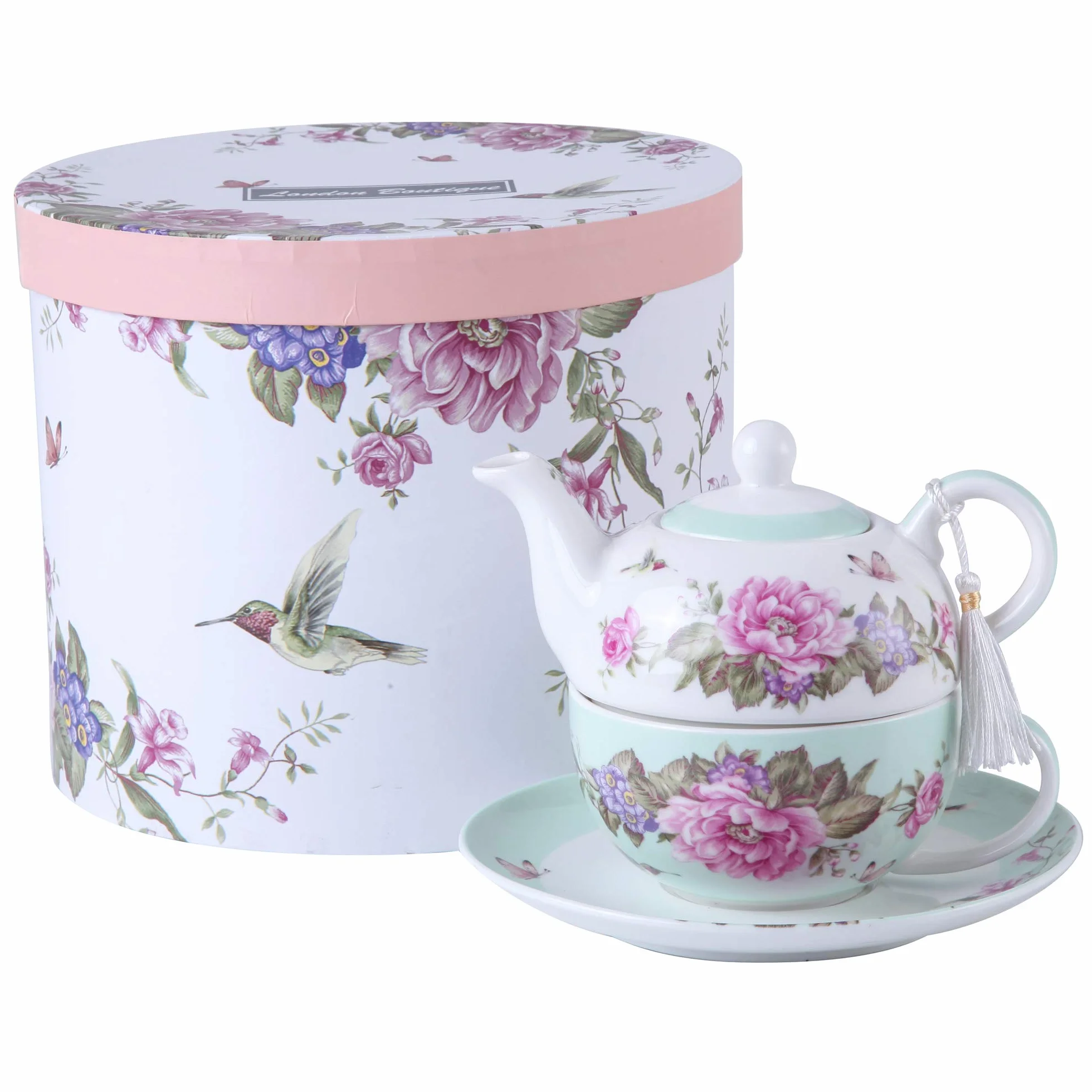 Shaby Zestaw Herbaty dla Jednej Osoby Porcelana Motyw Kwiatowy Ptaszek Róż Motyl Prezent