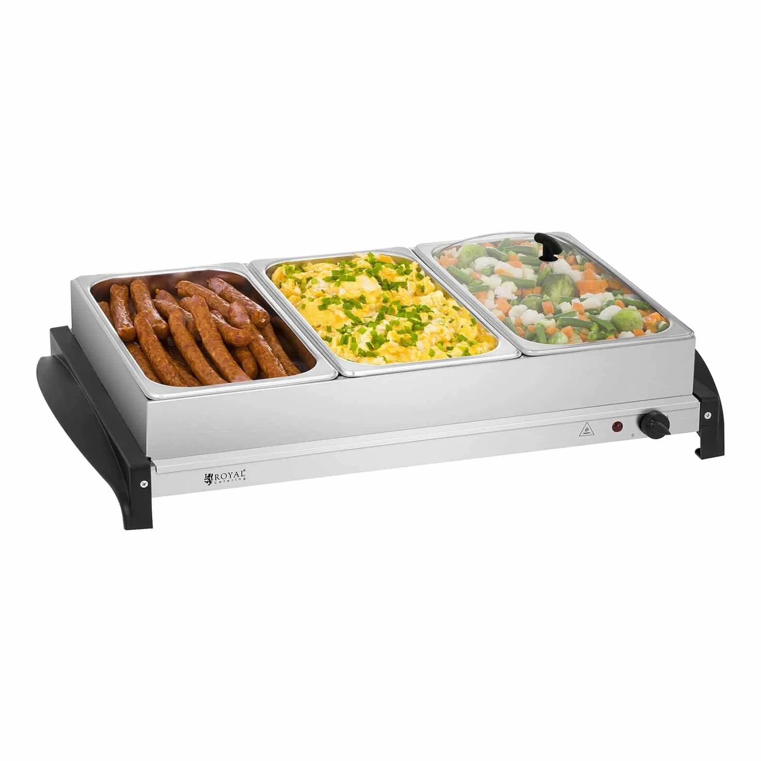 Royal Catering RCHP-400/3 Scaldavivande Elettrico Piano Caldo per Buffet (3 x 2 L, 400 W, 52,5 x 35,5 cm, Temperatura 45–85 °C, Acciaio Inox, Vetro Acrilico)