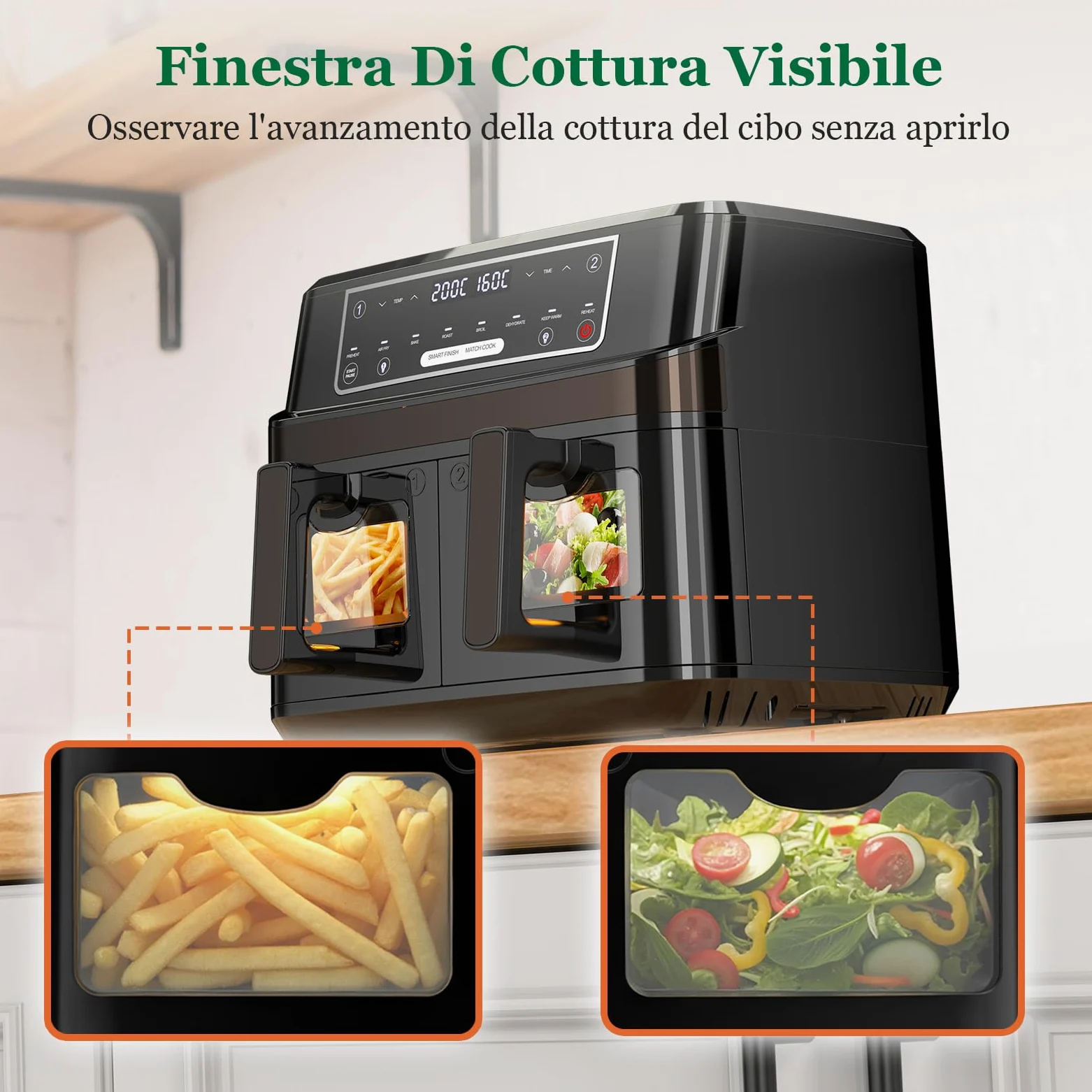 Friggitrice ad Aria Doppio Cestello | 10L Friggitrice Aria con Finestra Osserv Indipendente Temperatura, 8-in-1 Air Fryer Controllo Touch 50-200℃, Air Fryer Grande 2600W Luce Integrata Timer