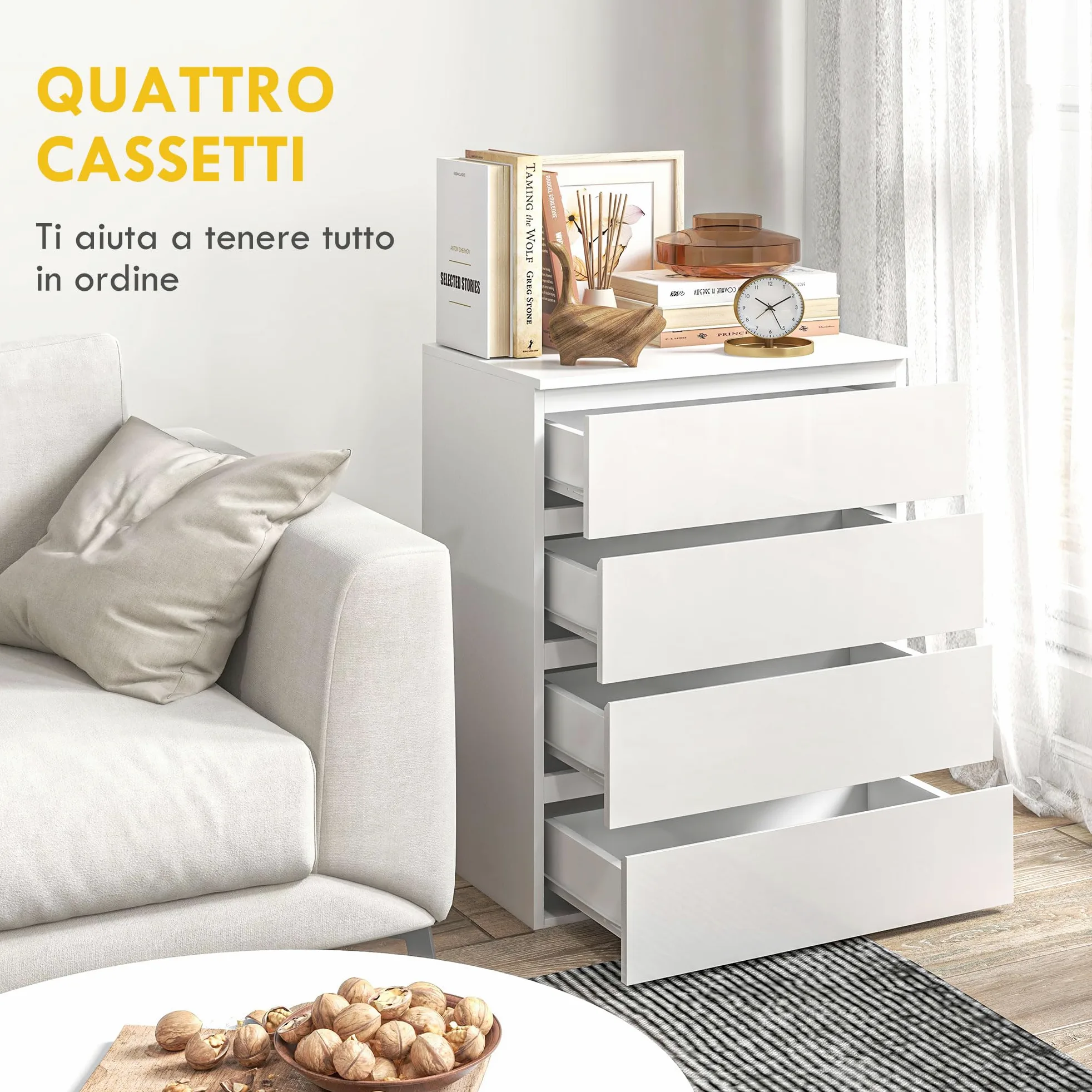 HOMCOM Cassettiera Camera da Letto 4 Cassetti, Comò Camera da Letto in Legno, per Soggiorno, Sala da Pranzo e Corridoio, 60x40x80 cm, Bianco