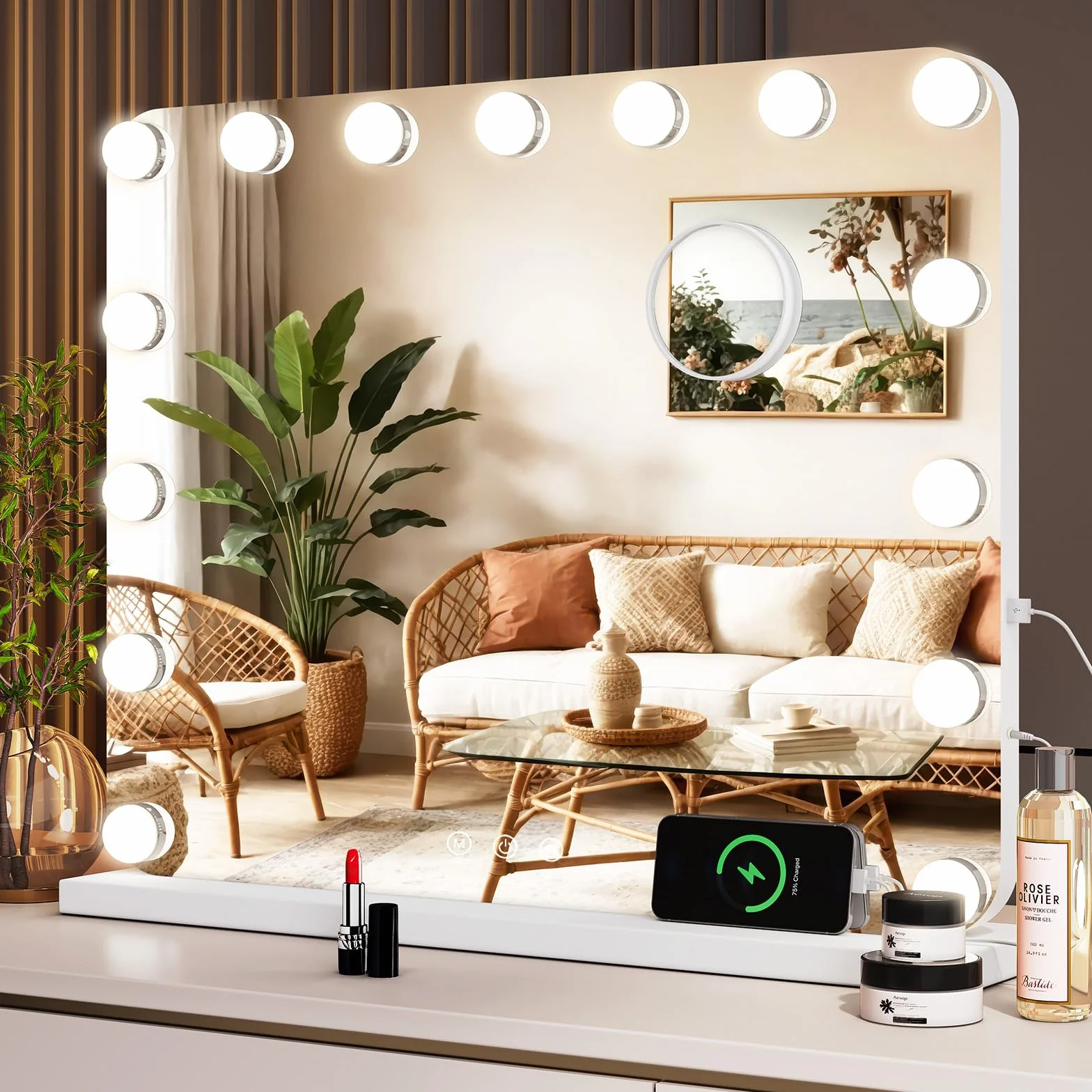 Hollywood Specchio Trucco con Luci,15 LED,50x40 cm,Specchio da parete,3 Temperature di Colore,Controllo touch e lente d'ingrandimento 10X,USB,Specchio da tavolo,specchio con luci make up,Bianco