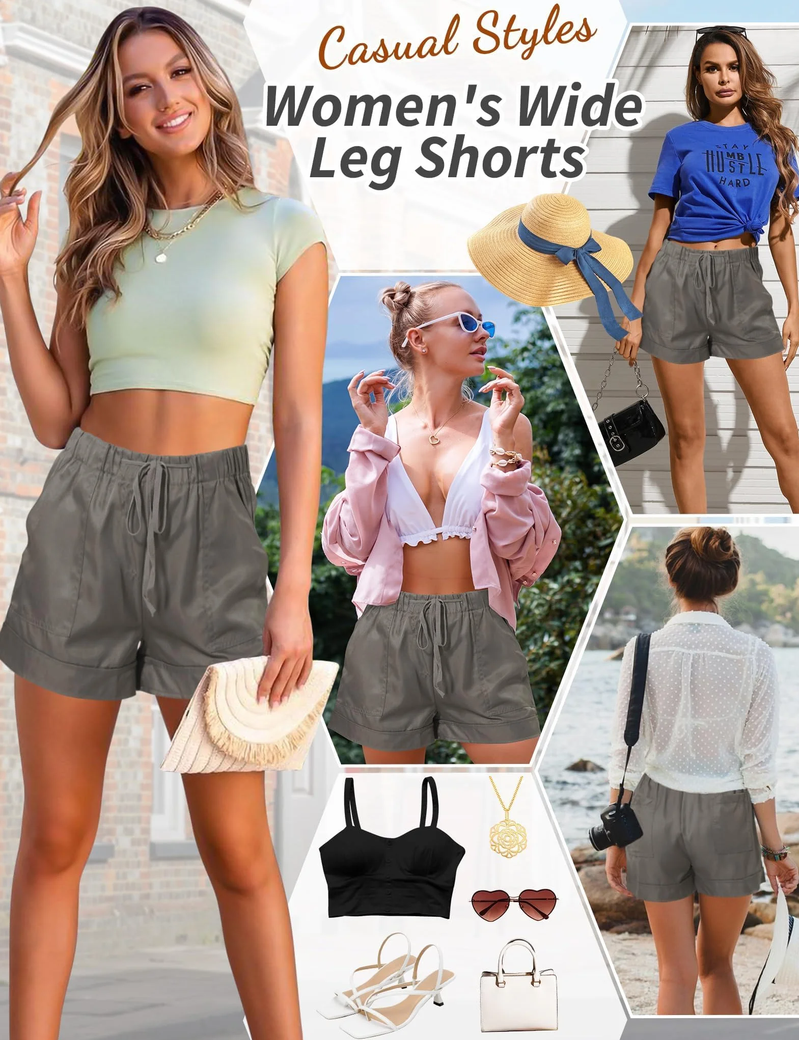 MELLIEX Pantaloncini Donna Estivi, Eleganti e Casual Loose Shorts Elastico Vita con Coulisse Pantaloni Corti a Gamba Larga, S-XL