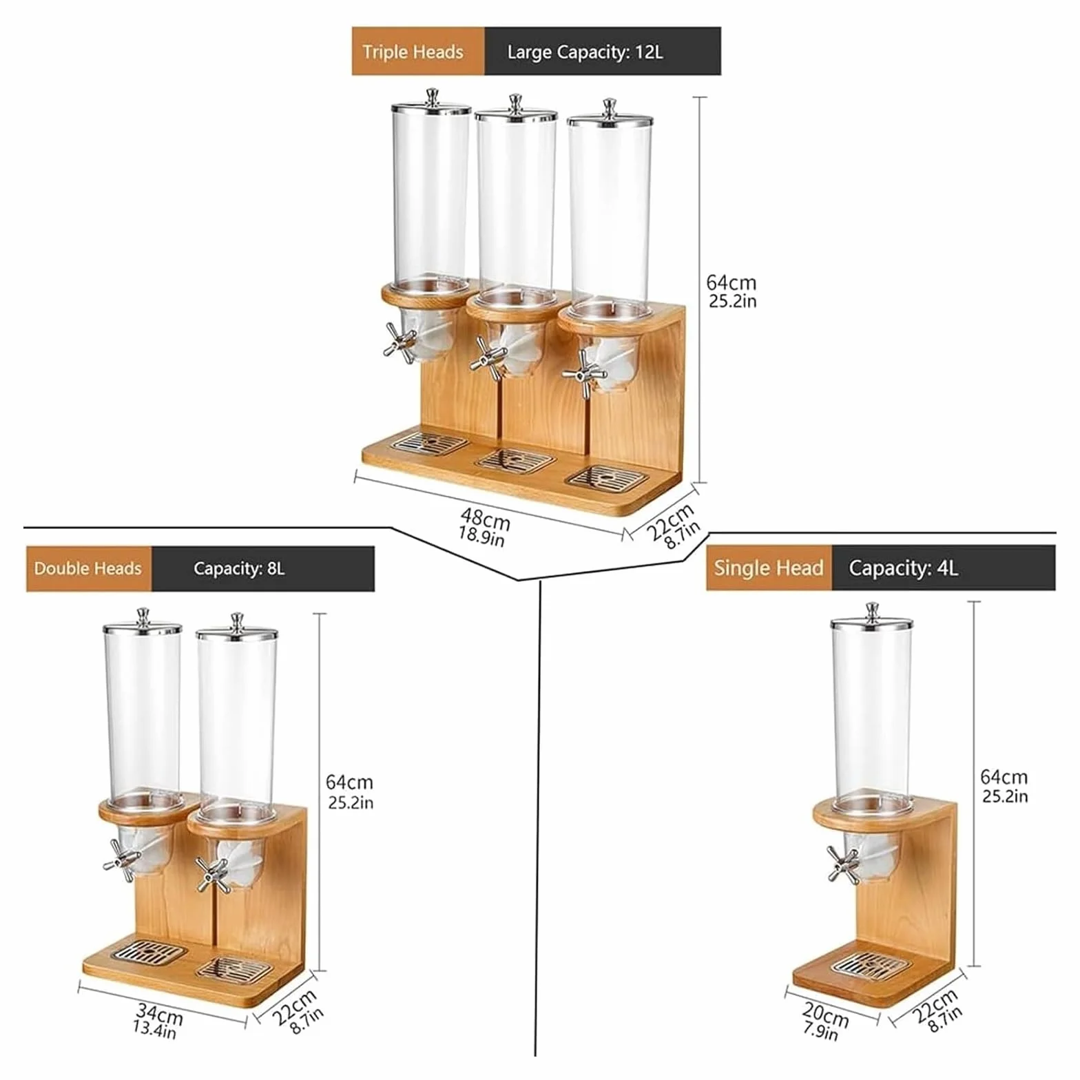 Dispenser per cereali in bambù, 3,5 l/7 l/10,5 l, contenitore per cereali da appoggio, con barile in PC e base in legno, dispenser per alimenti secchi, per riso, fagioli, noci