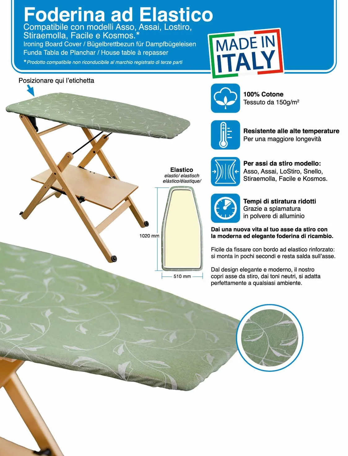 Copertina per Asse da Stiro, Compatibile con Foppapedretti, Colore Argento/Verde, Copriasse da stiro , copertura asse da stiro con Elastico, Tessuto 100% Cotone, 115 x 63 cm, Made in Italy
