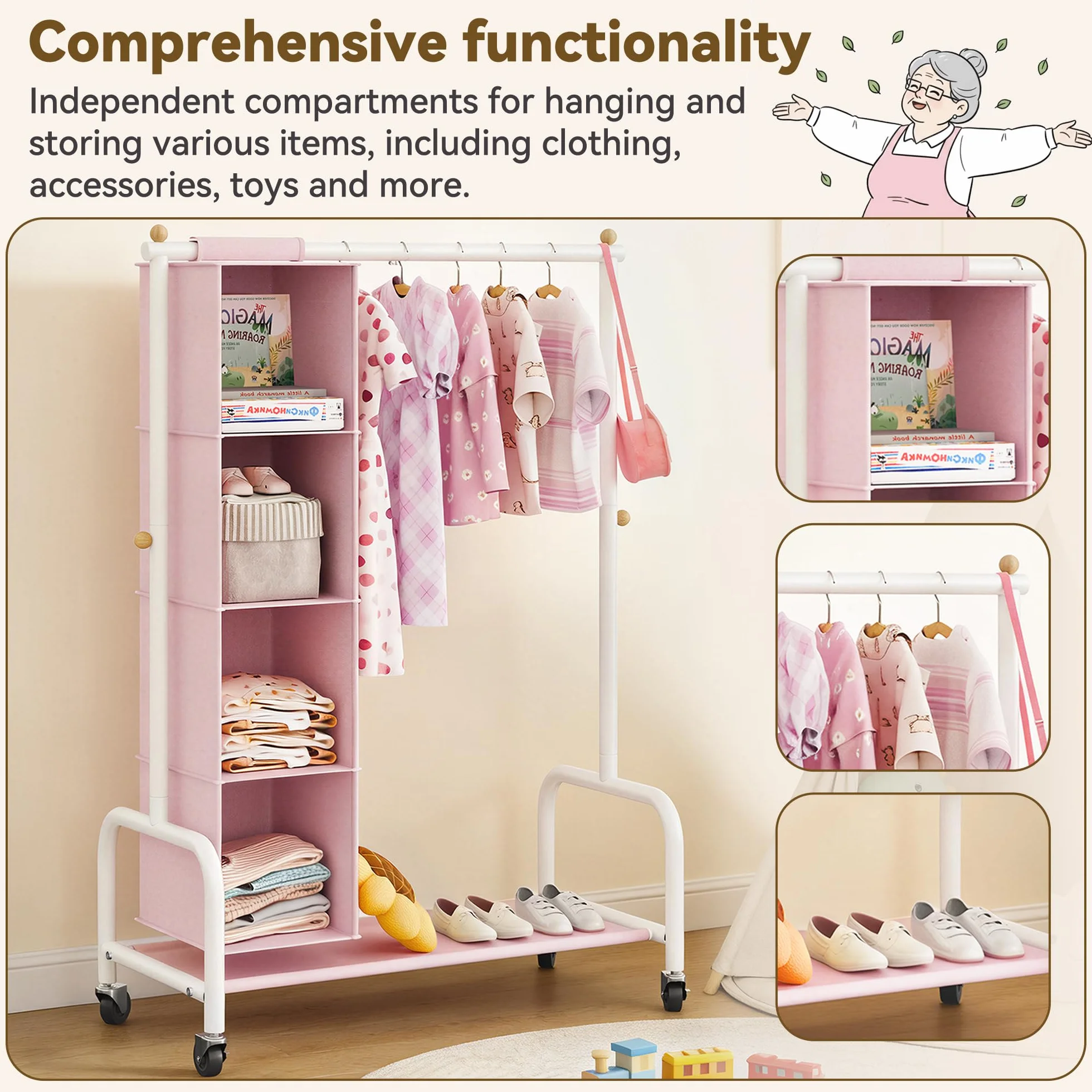 GRANNY SAYS Appendiabiti per Bambini con Organizer a Sospensione, Appendiabiti con Ruote per Travestimenti, Appendiabiti per Bambini, Appendiabiti per la Cameretta dei più Piccoli, Rosa/Bianco