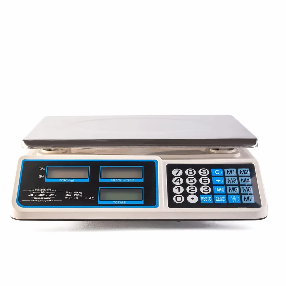 AMC Bilancia elettronica digitale da banco con 7 tasti di memoria, acciaio inox, 6 lcd, totale e peso portata max 40 kg divisione 2g