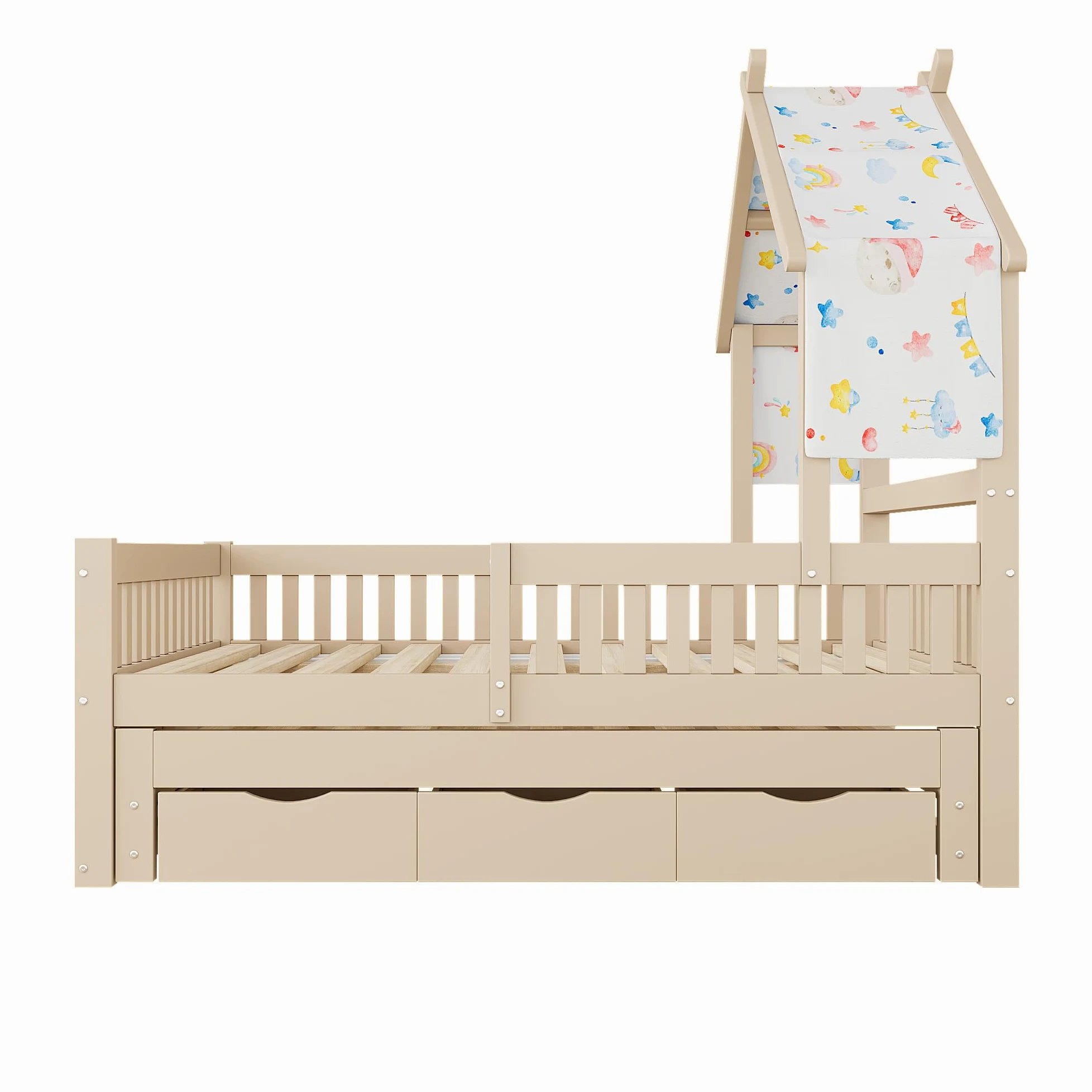 Letto Casetta per Bambini 140 x 200cm con Letto Estraibile, 3 Cassetti e Sponde di Sicurezza, Letto a Forma di Casa con Rete a doghe, Struttura letto in pino (Senza Materasso) Crema