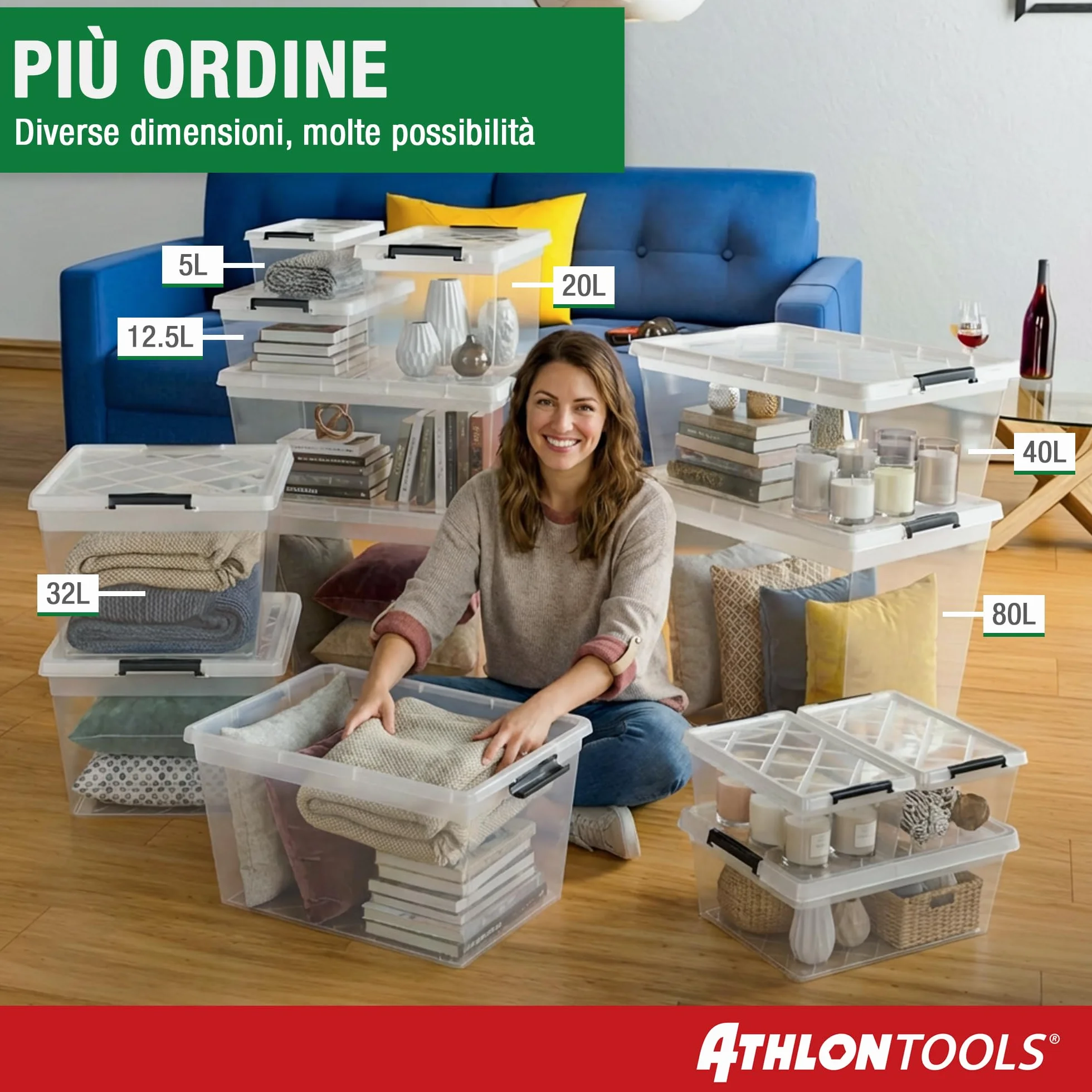 ATHLON TOOLS 4x 12,5L Scatole Plastica Trasparente con Coperchio Contenitori Impilabili per Alimenti